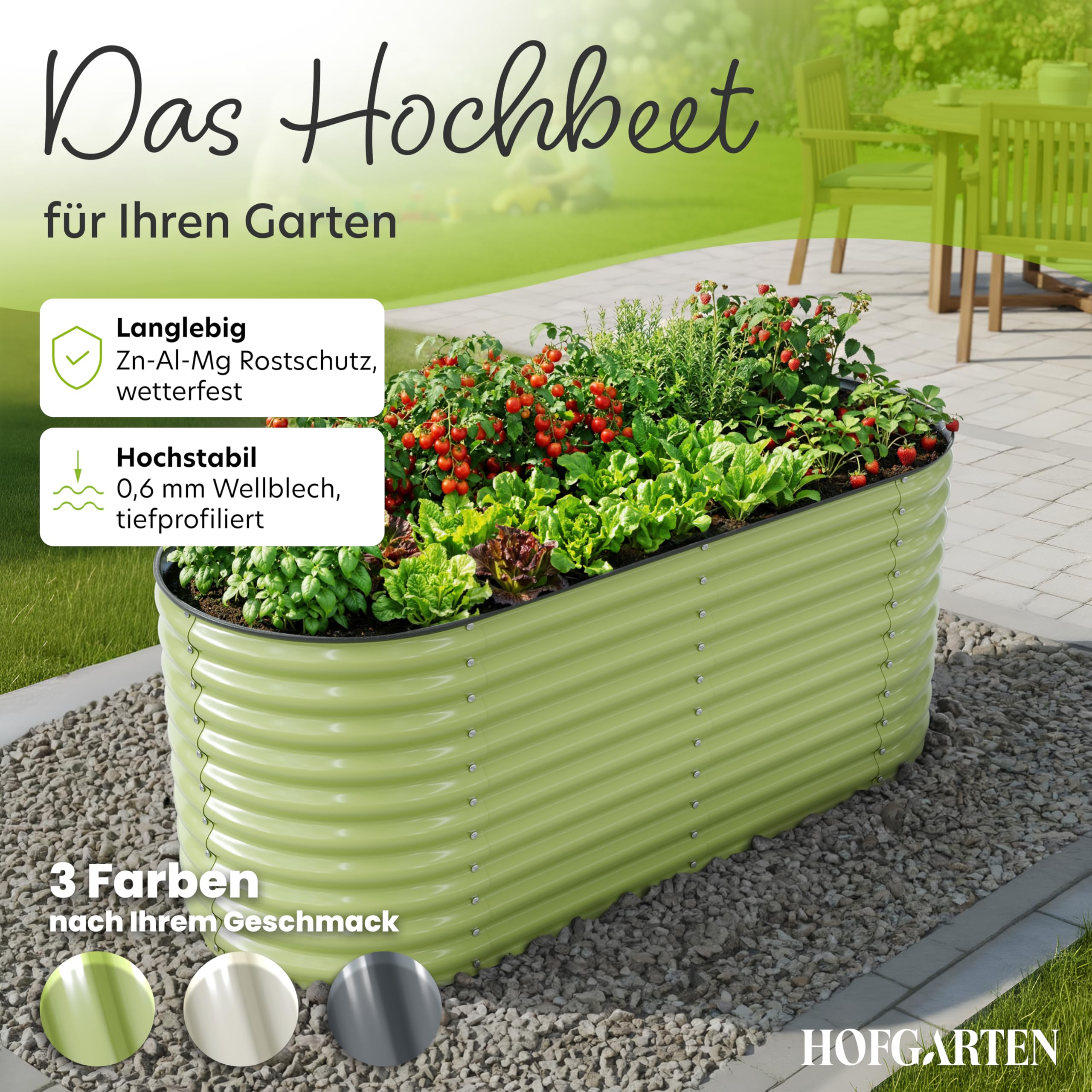 HOFGARTEN Hochbeet Metall 200x80x78 cm - Hochwertiges Gartenbeet aus Zn-Al-Mg Stahl - wetterfest & rostgeschützt - Ergonomisches Gärtnern - Modell QuickGrow XL (Salbei)