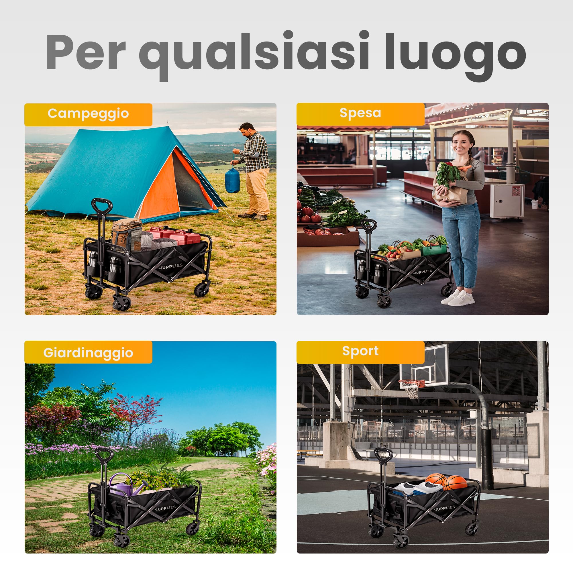JUPPLIES Carrello da Spiaggia Pieghevole con Ruote Grandi Tutto Terreno in Acciaio e Tessuto Oxford 600D Impermeabile fino a 75kg | Carrello Portatutto Ideale per Mare, Campeggio, Giardino e Spesa