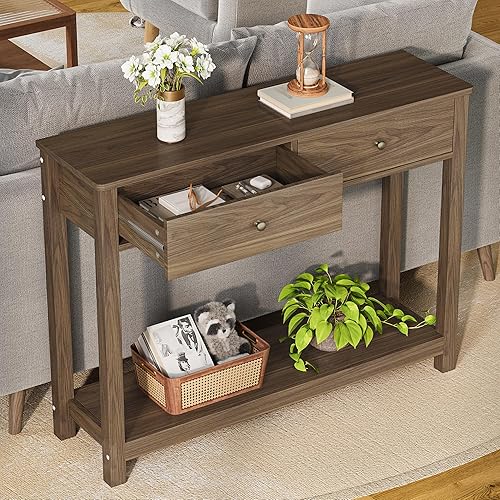 Miniatura 9 de Gizoon Mesa consola con 2 cajones, mesa de entrada de madera de 2 niveles con estantes de almacenamiento, mesa de sofá de madera de 39 pulgadas de