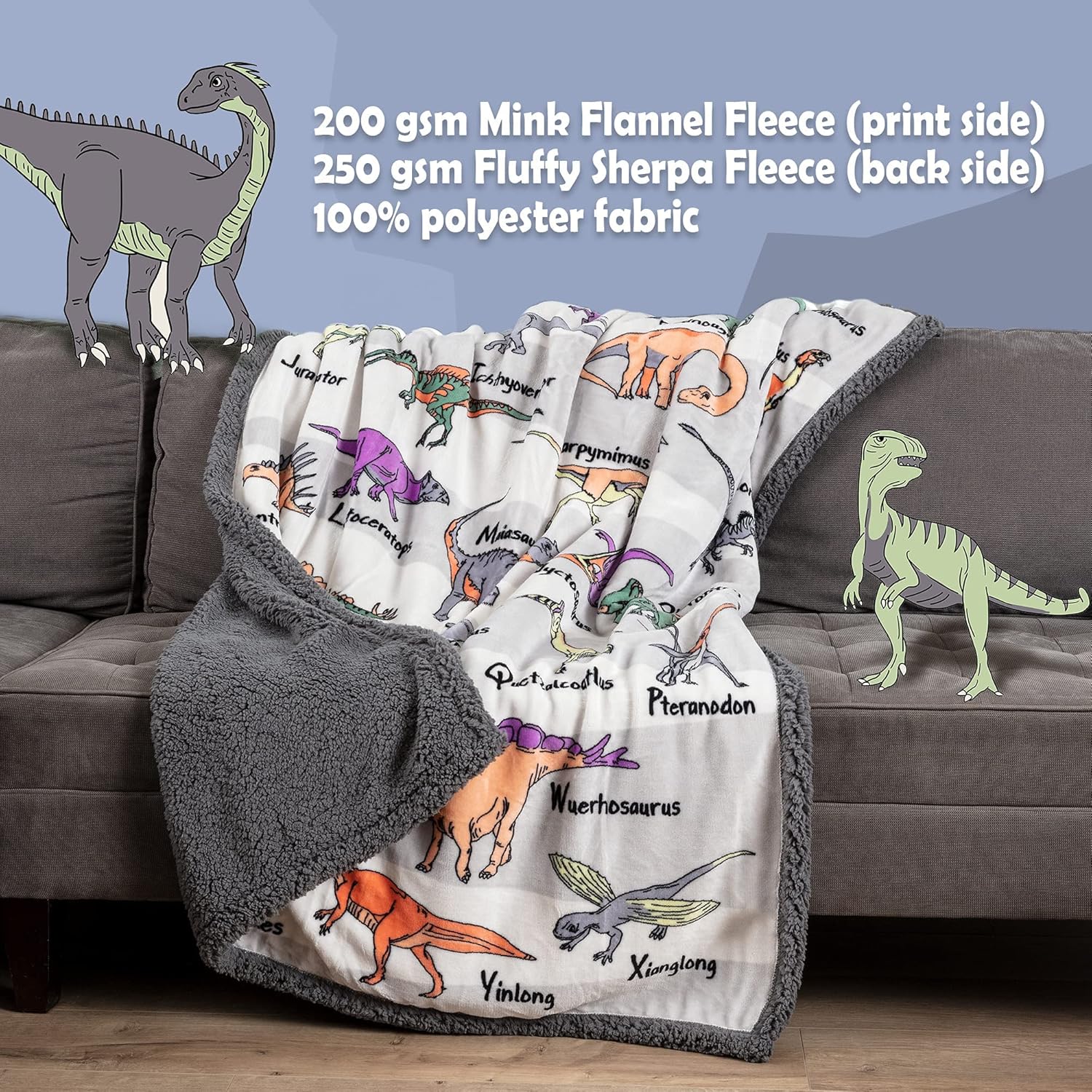 OBSI Alphabet Dinosaur Blanket - 50x60 inch Plush Mink & Sherpa Fleece Dinosaur Throw Blankets - Adorable Dinosaur Blanket for Boys or Girls, with 26 Dinos A-Through-Z