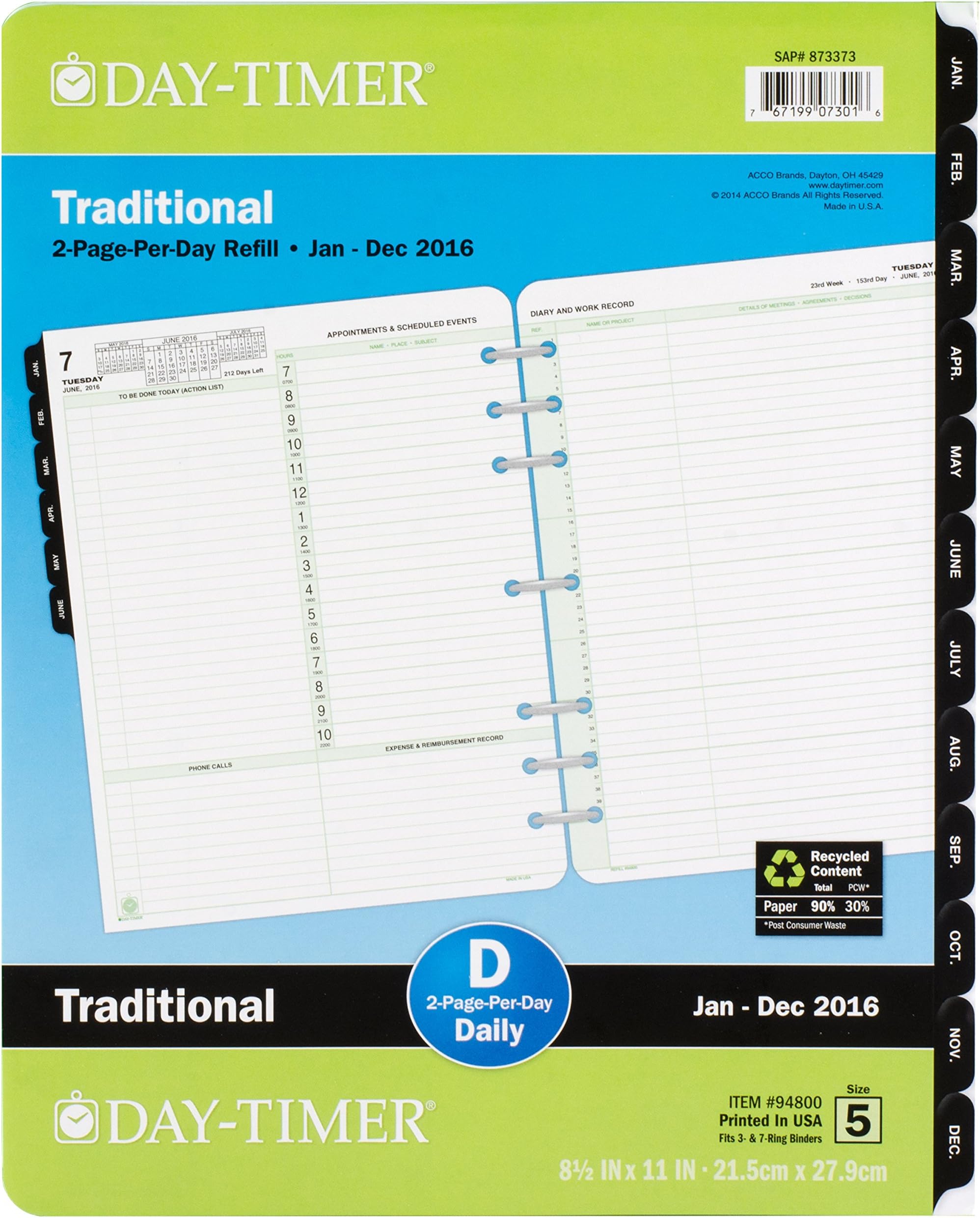 Day-Timer Daily Reference Planner Refill 2016, Two Page Per Day, Traditional, Folio Size, 8.5 x 11 Inches (94800)