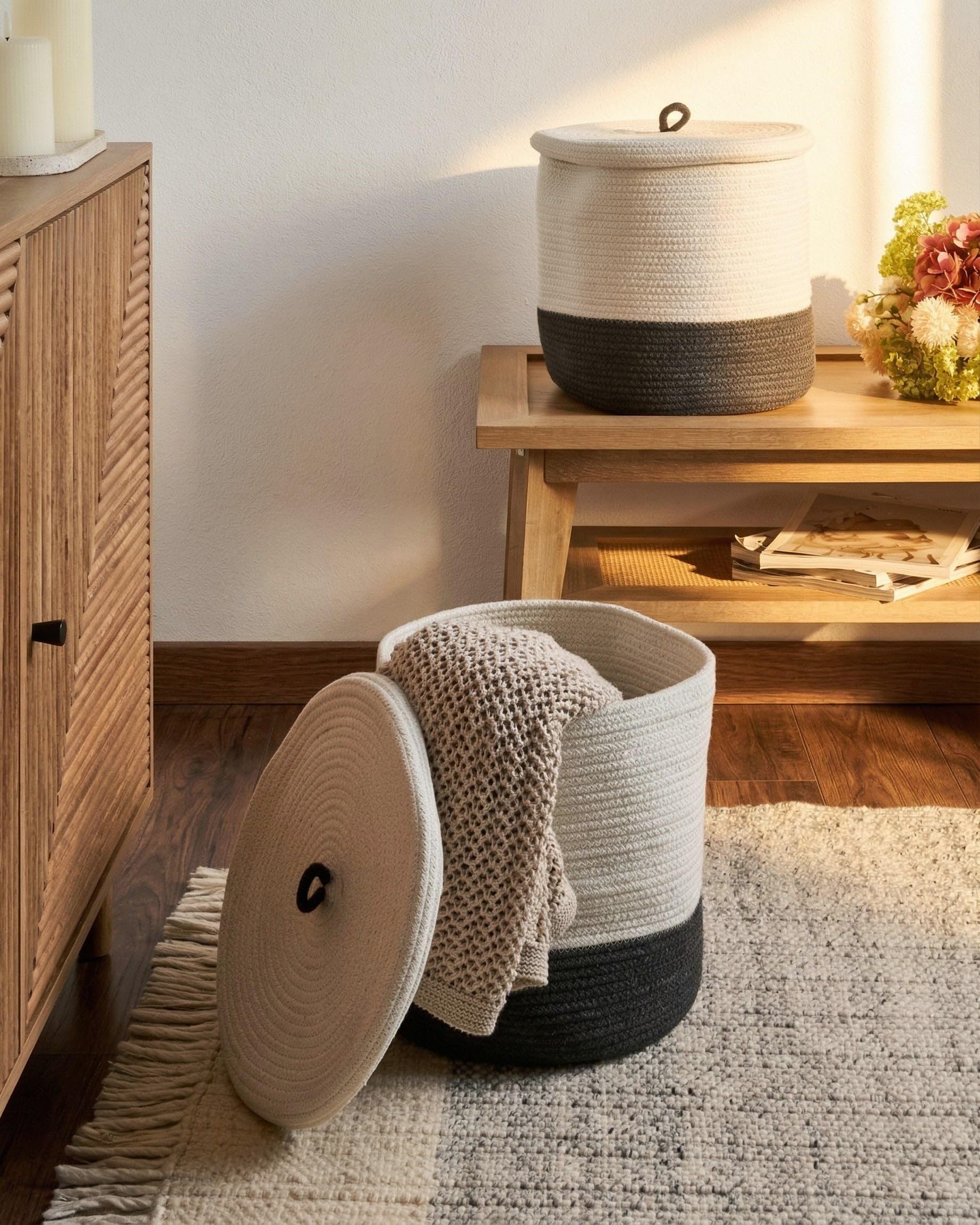 Korb 2er Set Baumwolle weiß/grau geflochten gestreift mit Deckel Boho-Design Silopi