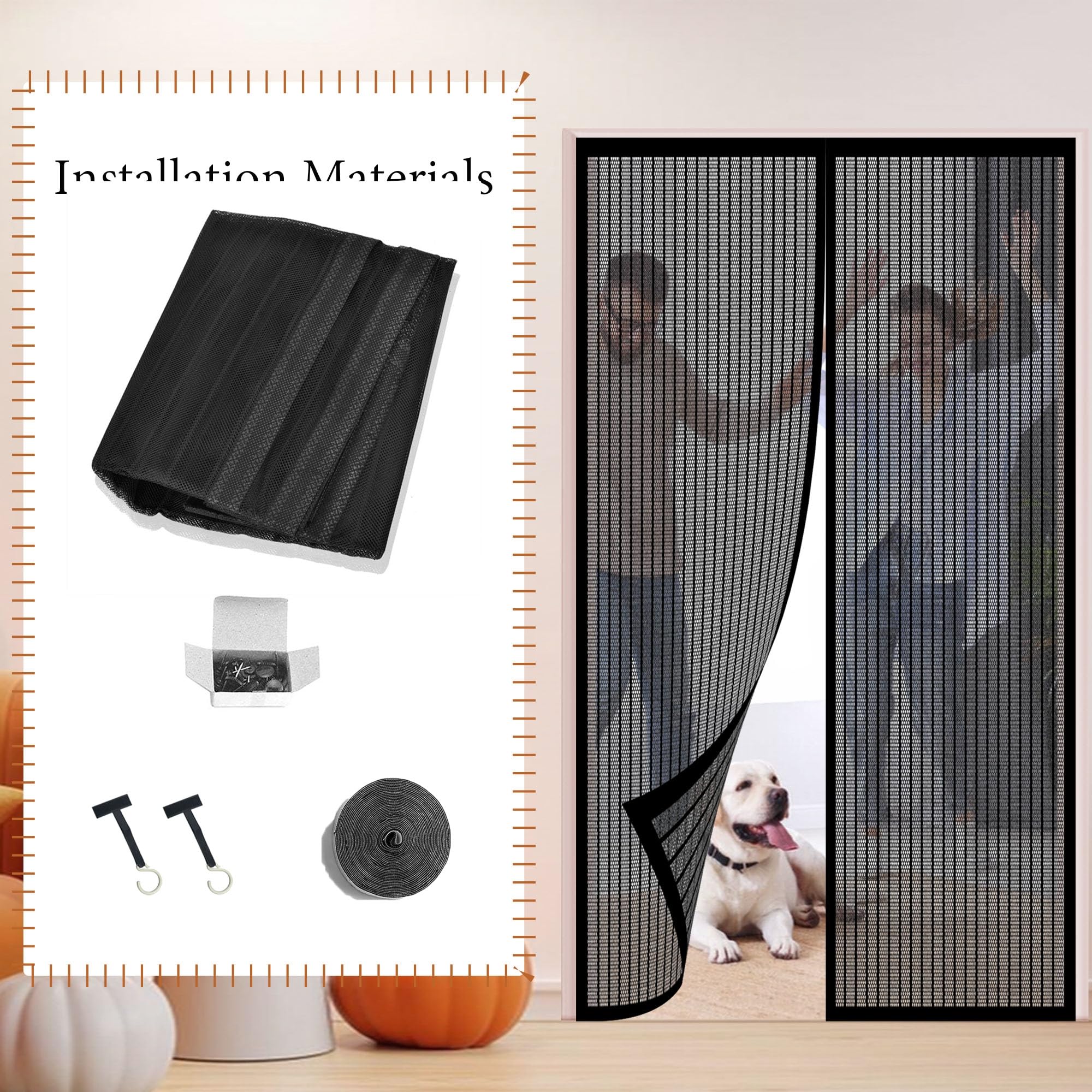 Moustiquaire Porte Fenêtre 164 x 216 cm Différentes Tailles Moustiquaire Ajustable Aimantée Sans Perçage, Fermeture Automatique pour Balcon Salon Chambre Portes, Noir