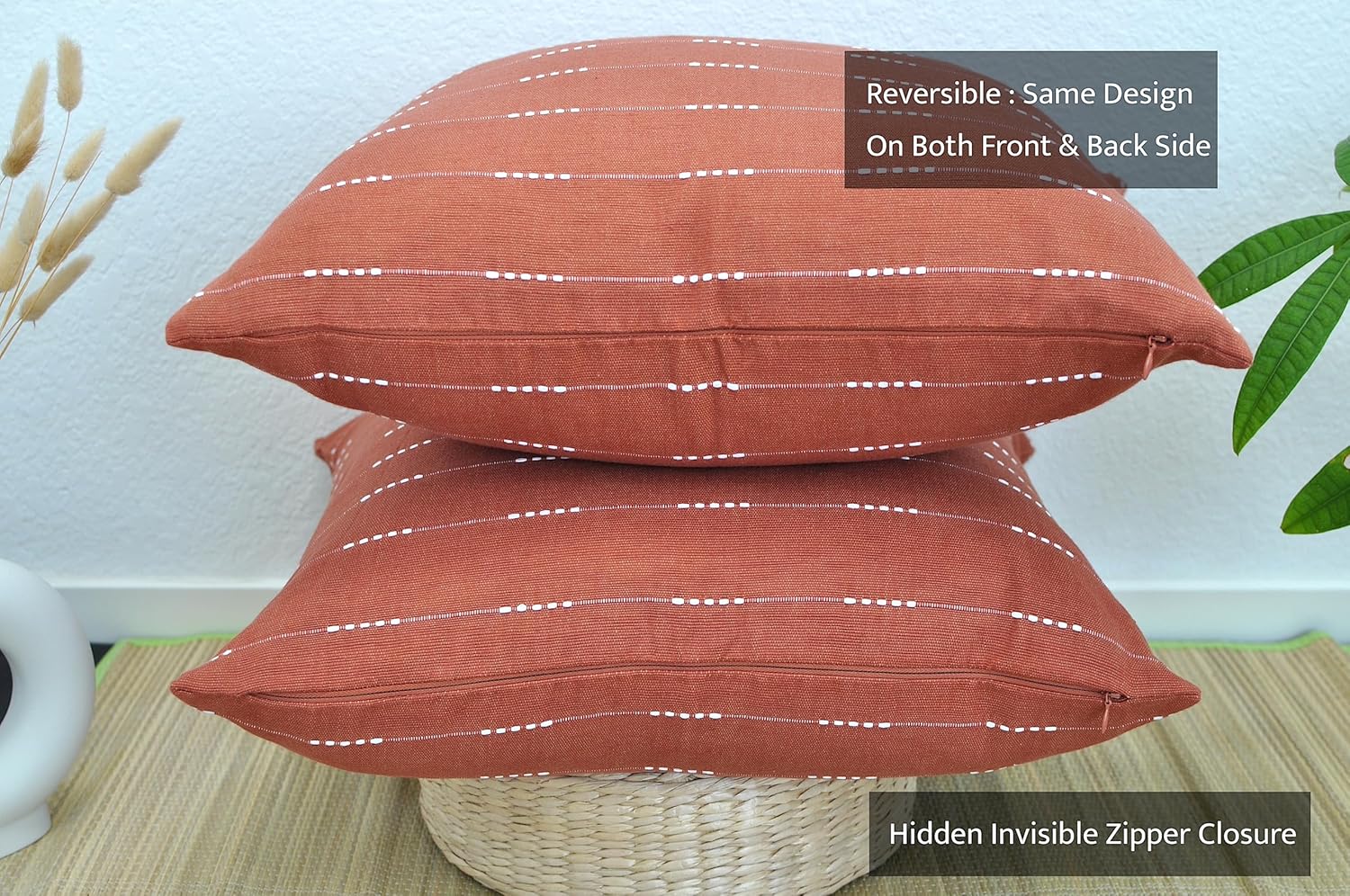 Modern Cotton Pillow Covers 20 x20 inches Terracotta/Woven Loom Stripe Pattern Contemporary Luxury Cushion Covers Burnt Orange/Simple Throw Pillow Cases for Living Room Sofa, Couch, Bed, Set of 2