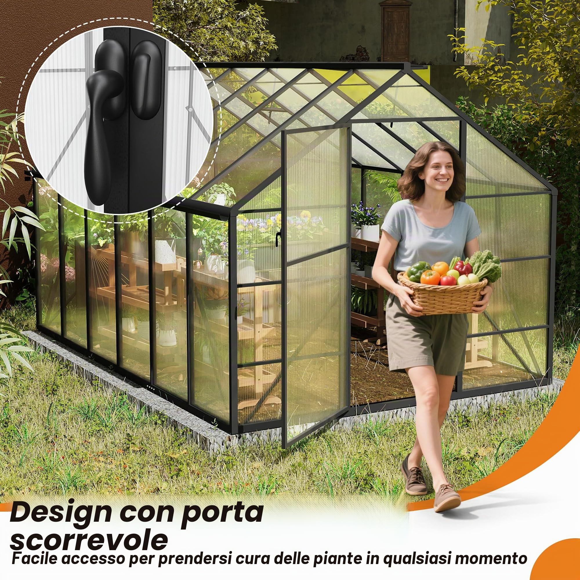 NAIZY, serra da giardino 380x250x205 cm con ancoraggio a terra e pellicola di base da 6 cm, serra in policarbonato da 580 g e 4 mm con struttura in alluminio, serra per pomodori e coltivazione