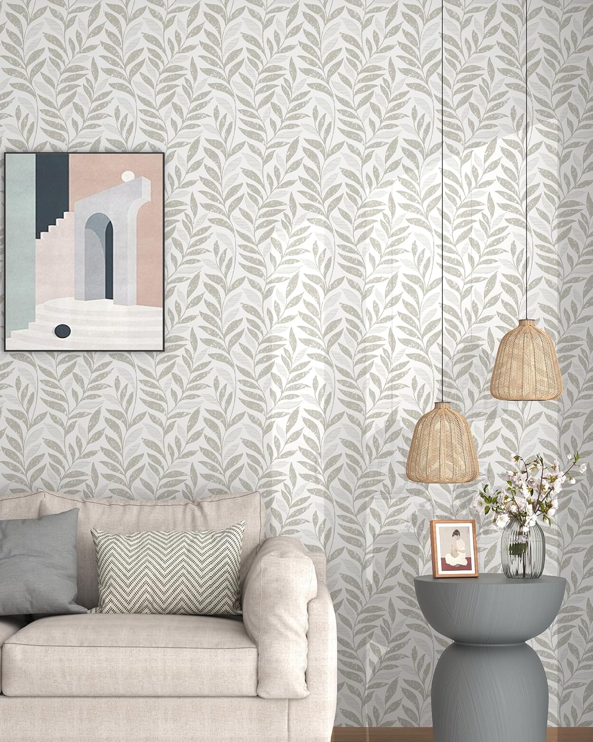 Leaf Peel and Stick Wallpaper Boho 17.3" X 393" Self Adhesive Wallpaper Modern Contact Paper Beige and White Wallpapers for Bathroom Kitchen Wall Papers Leaf Contact Paper for Cabinets Walls Vinyl