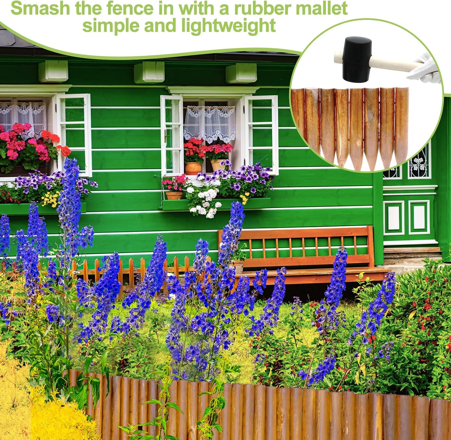 Hicarer 5 Pcs Total 20 ft Wood Garden Edging Fence Border Wood Landscape Border Decorative Flower Bed Barriers with Gloves Hammer for Tree Lawn Yard, 8" H x 47" L for Each(Light Wood Color)