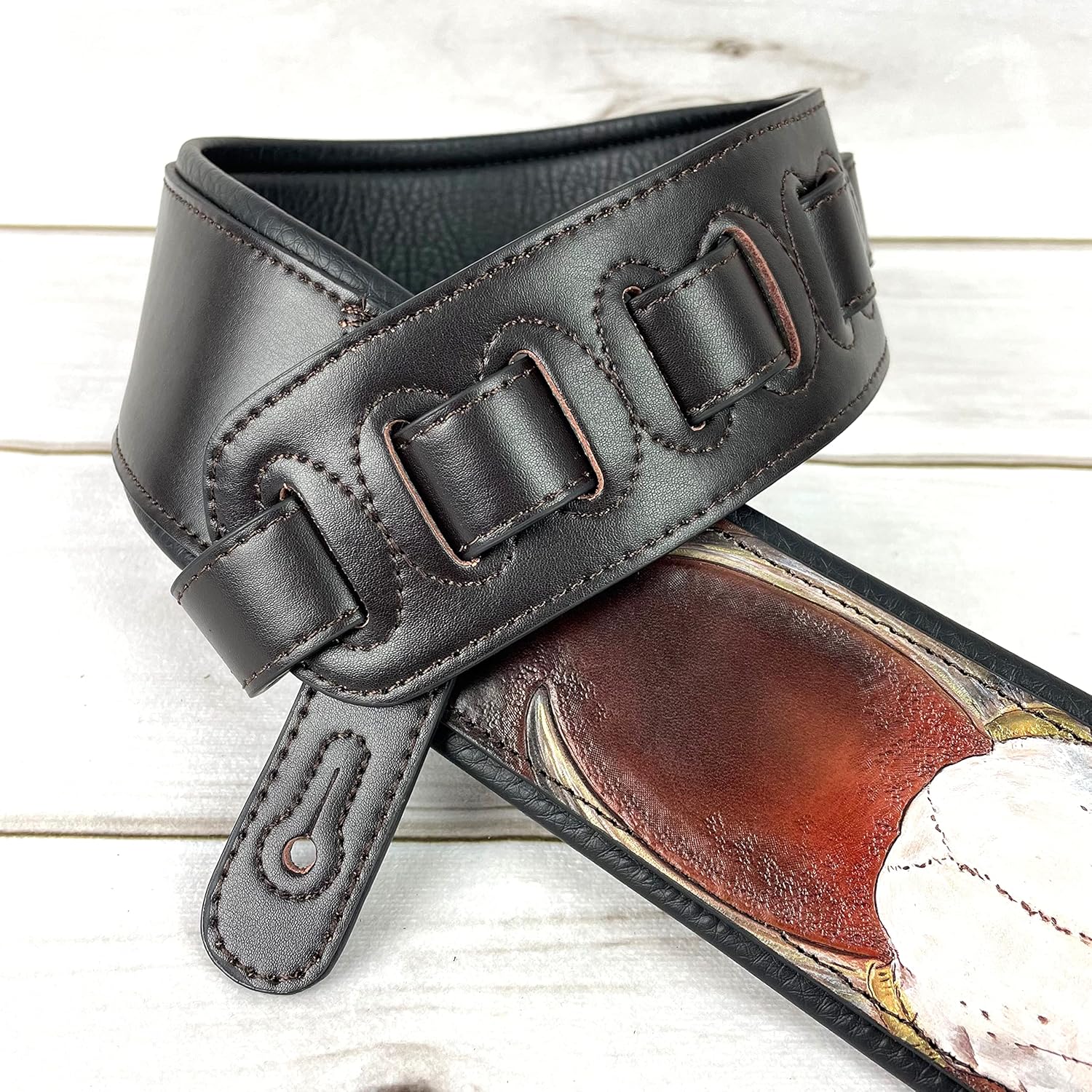 Walker And Williams KB-62 Handmade Carved Longhorn Skull Guitar Strap On Bourbon Brown Leather For Acoustic, Electric, And Bass Guitars