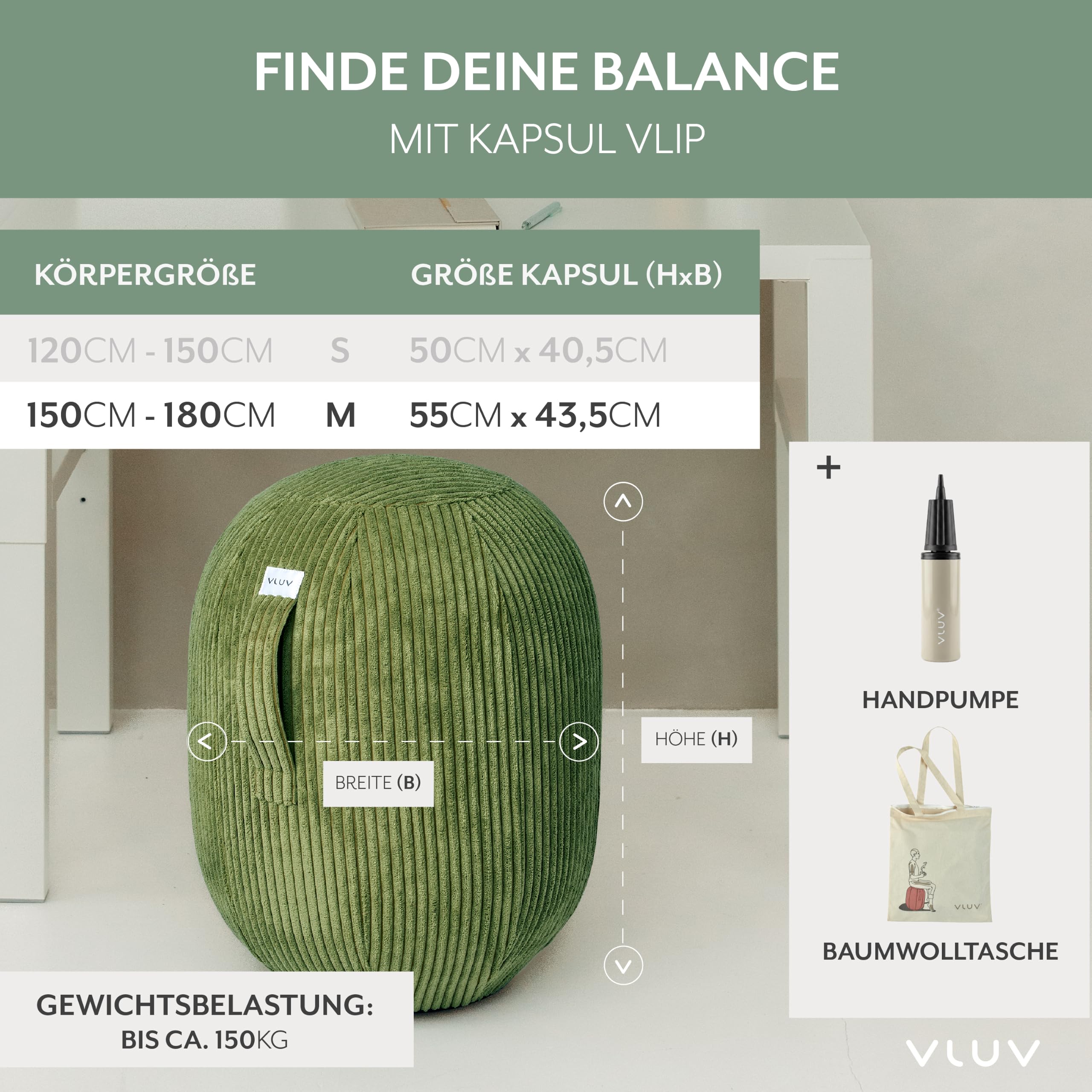 VLUV® KAPSUL VLIP Balancehocker mit Breitcord-Bezug Olive (Grün) Größe M