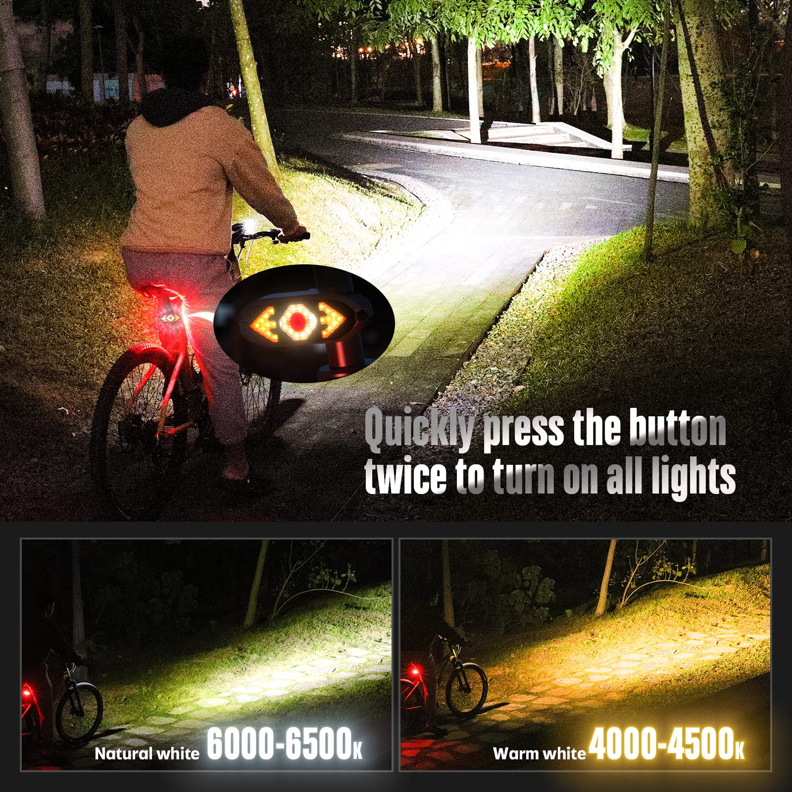 Set di fanali anteriori e posteriori per bicicletta da 2000 lumen, potenti progetti a LED da 270,7 m, 60 ore e 10.000 mA, carica batteria del telefono, robusta lega di alluminio, leggero, impermeabile