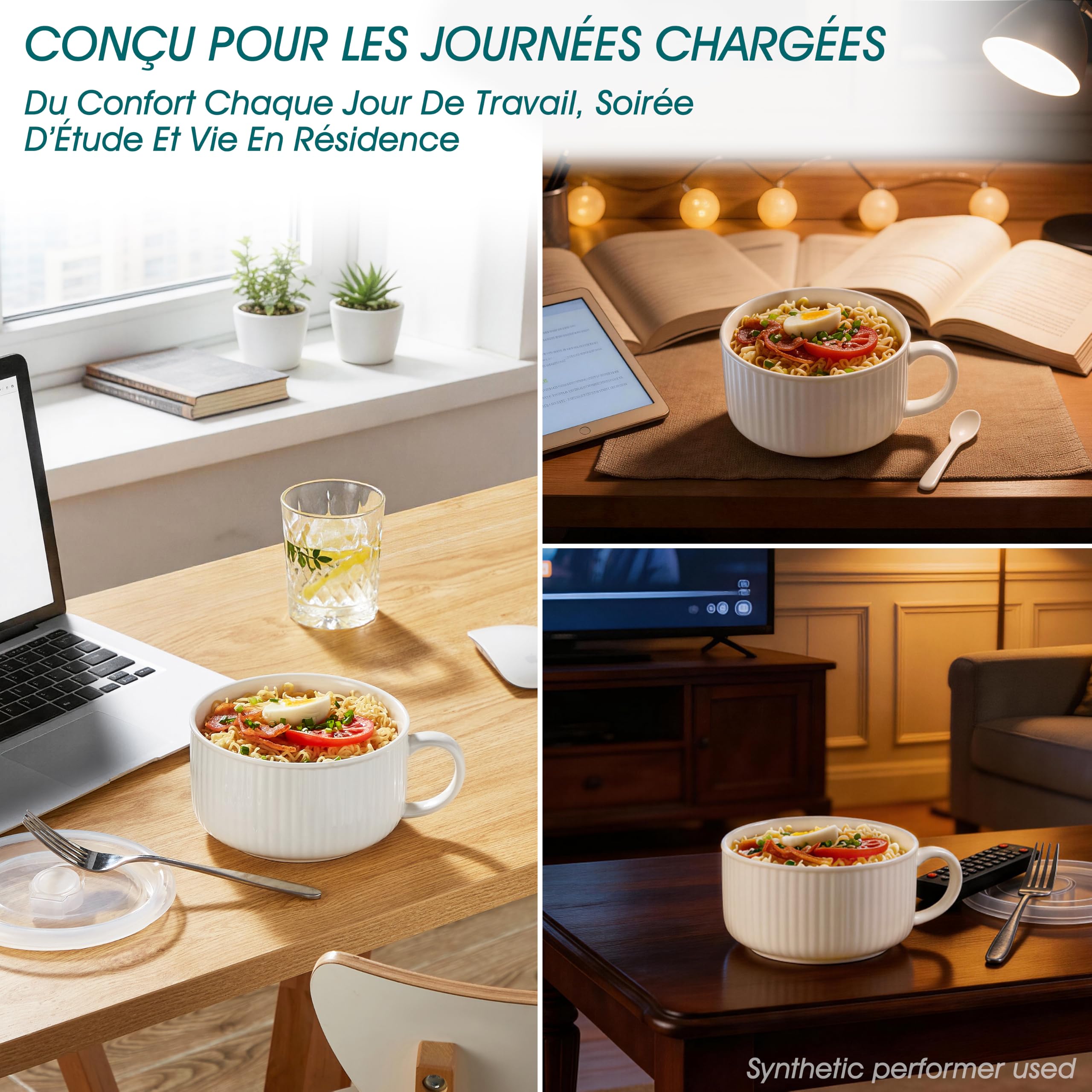 vancasso Bols à Soupe en Céramique 1020 ml, Bols à Ramen avec Poignée | Tasse de Soupe blanc avec poignée et couvercle en silicone ventilé, Bols de Soupe pour ramen, pâtes, céréales et salade