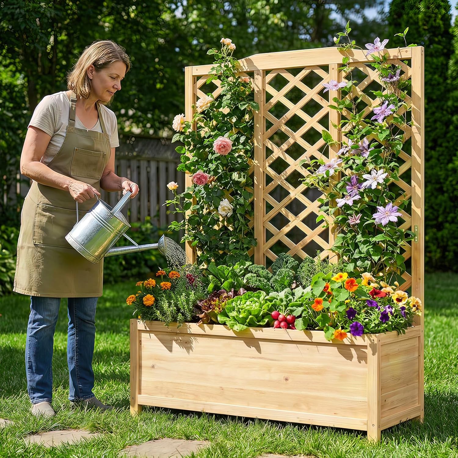 DoCred Raised Garden Bed with Trellis, 44" L x 16" W x 59" H Freestanding Elevated Planter Box for Climbing Plants, Outdoor Wooden Privacy Screen with Garden Box for Backyard Patio Balcony Decor
