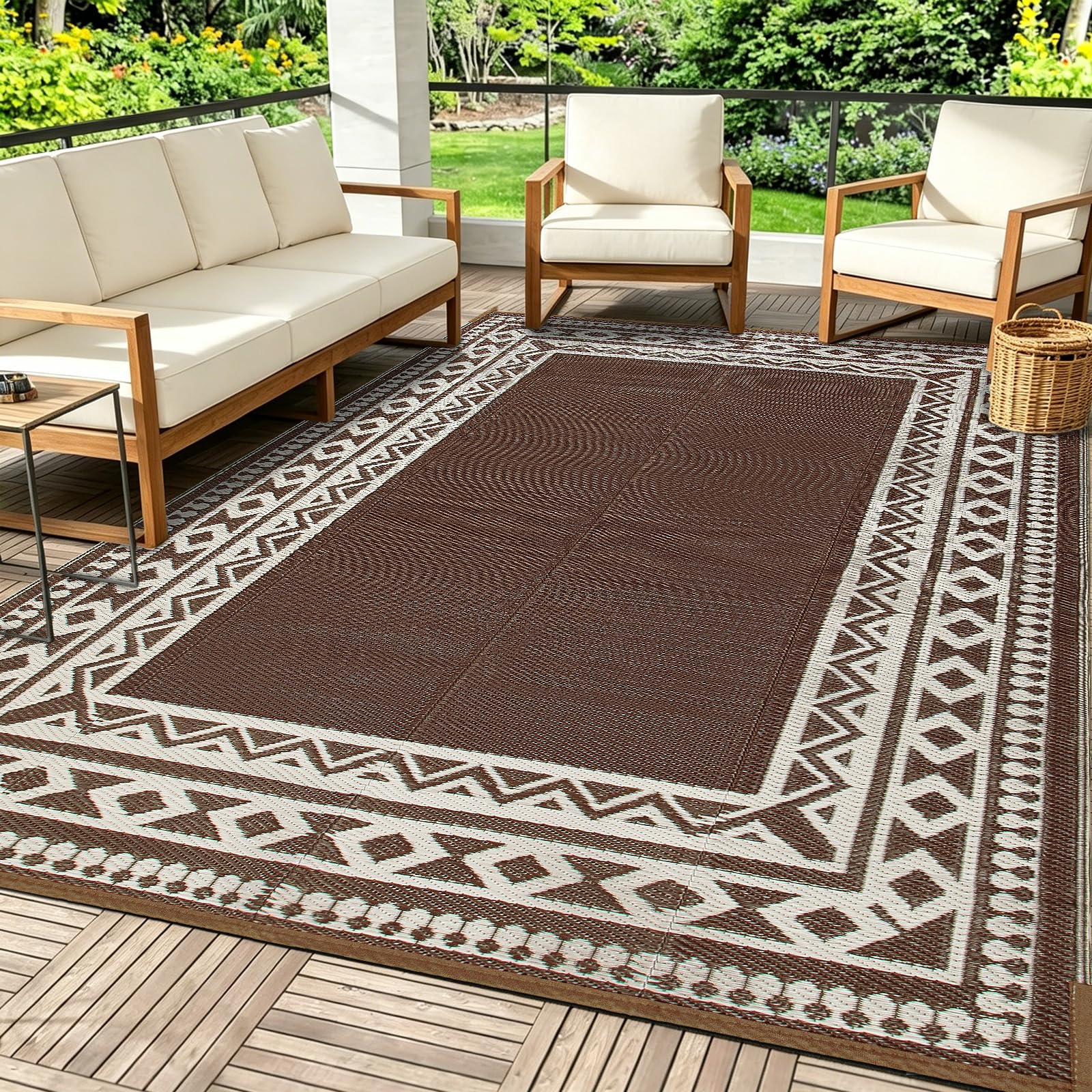 Luoven Outdoor Rug for Patios Waterproof, Reversible Garden Rugs, UV Resistant Boho Plastic Straw Carpet for Camping, RV, Balcony, Beach, Deck(150 x 240 cm, Brown & Beige)