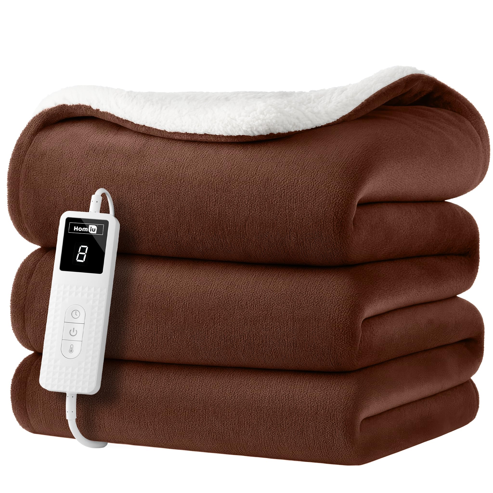 Homiu Brown Electric Heated Throw – Luxury Soft Fleece & Sherpa Blanket For Sofa Bed | 9 Heat Settings & Timer | Fast Heat-Up | Auto Shut-Off & Overheat Protection | Energy Efficient & Machine Washable