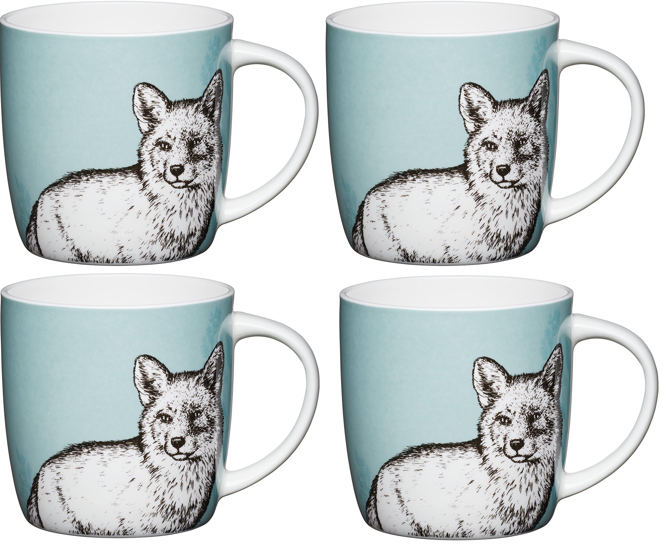 KitchenCraft Fine Bone China 'Fox' Barrel-Shaped Printed Animal Mugs, 425 ml - Teal (Set of 4)