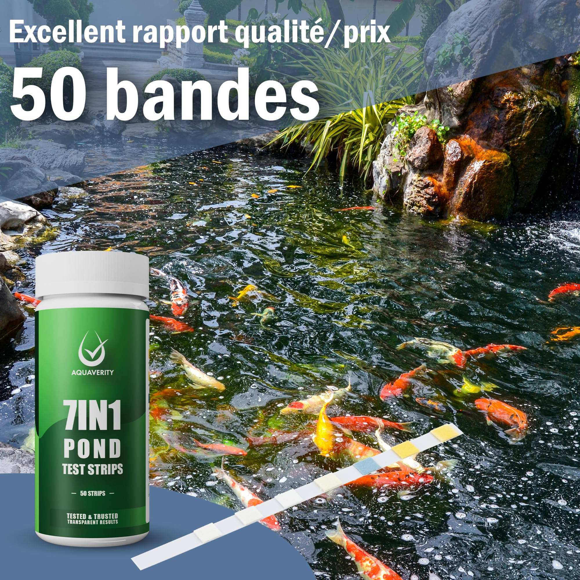 Bandelettes de test 7 en 1 pour bassin – Kit de test précis pour le pH, les nitrates, les nitrites, les carbonates, la dureté, le chlore total et libre – Pour bassins – 50 bandelettes