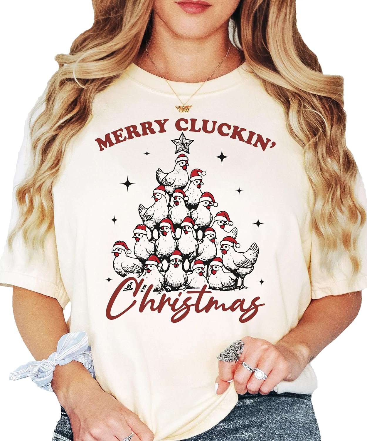 Merry Cluckin' Christmas Shirt for Women and Teens Funny Chicken Christmas Tree Tee