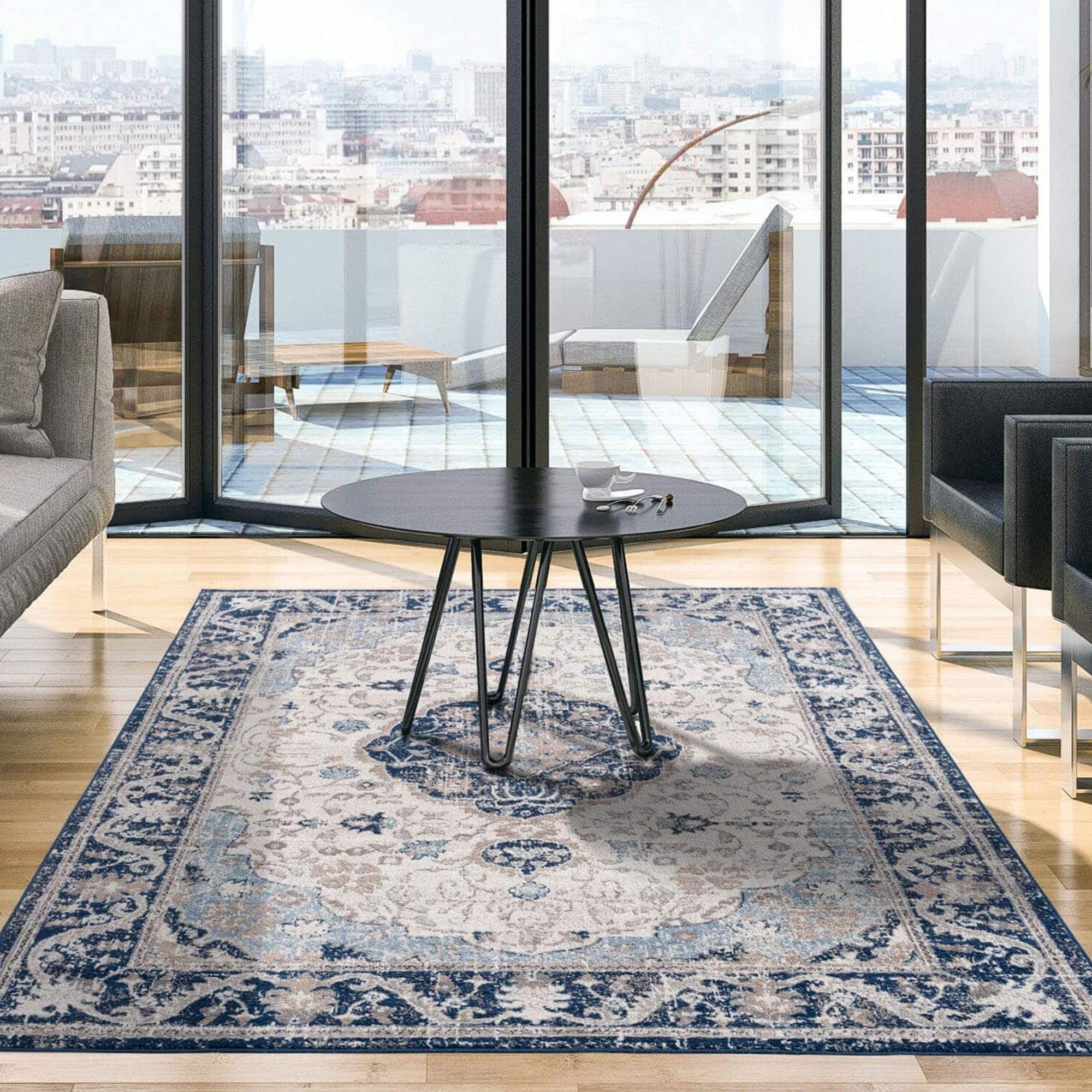 THE RUGS AREA RUG LIVING ROOM BEDROOM LARGE SMALL VINTAGE SOFT SHORT PILE BORDERED CLASSIC ORIENTAL DESIGN TRADITIONAL MOROCCAN BOHO CARPET - SMALL 80X150 CM, NAVY ORIENTAL DESIGN