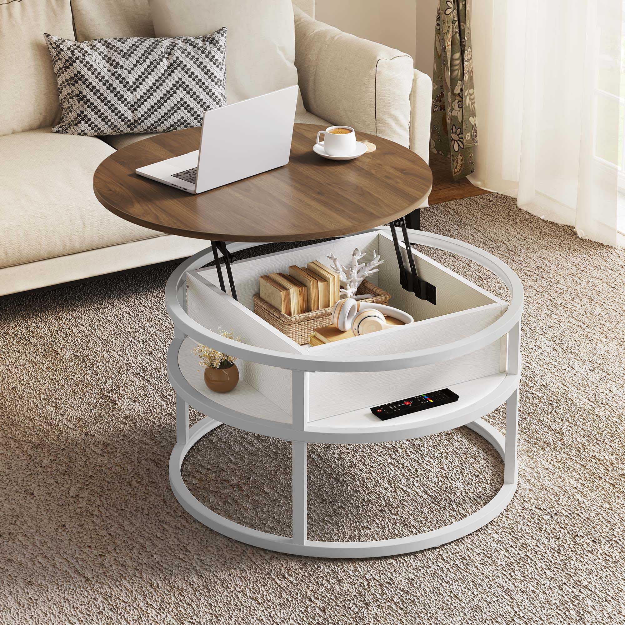 YITAHOME Round Coffee Table with Lifting Plate, Living Room Table with Hidden Storage Compartment, Round Side Table with Storage Space for Home Office, Round Middle Tables, Living Room, White Oak