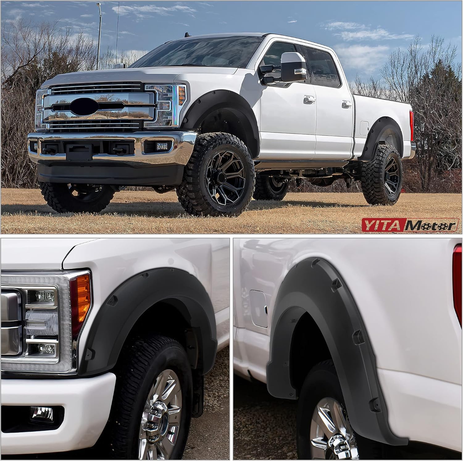 YITAMOTOR Front Rear Fender Flares Compatible with 2017-2022 Ford F-250 F-350 Superduty, Smooth Black Truck Wheel Fenders, Pocket Rivet Style 4PCS