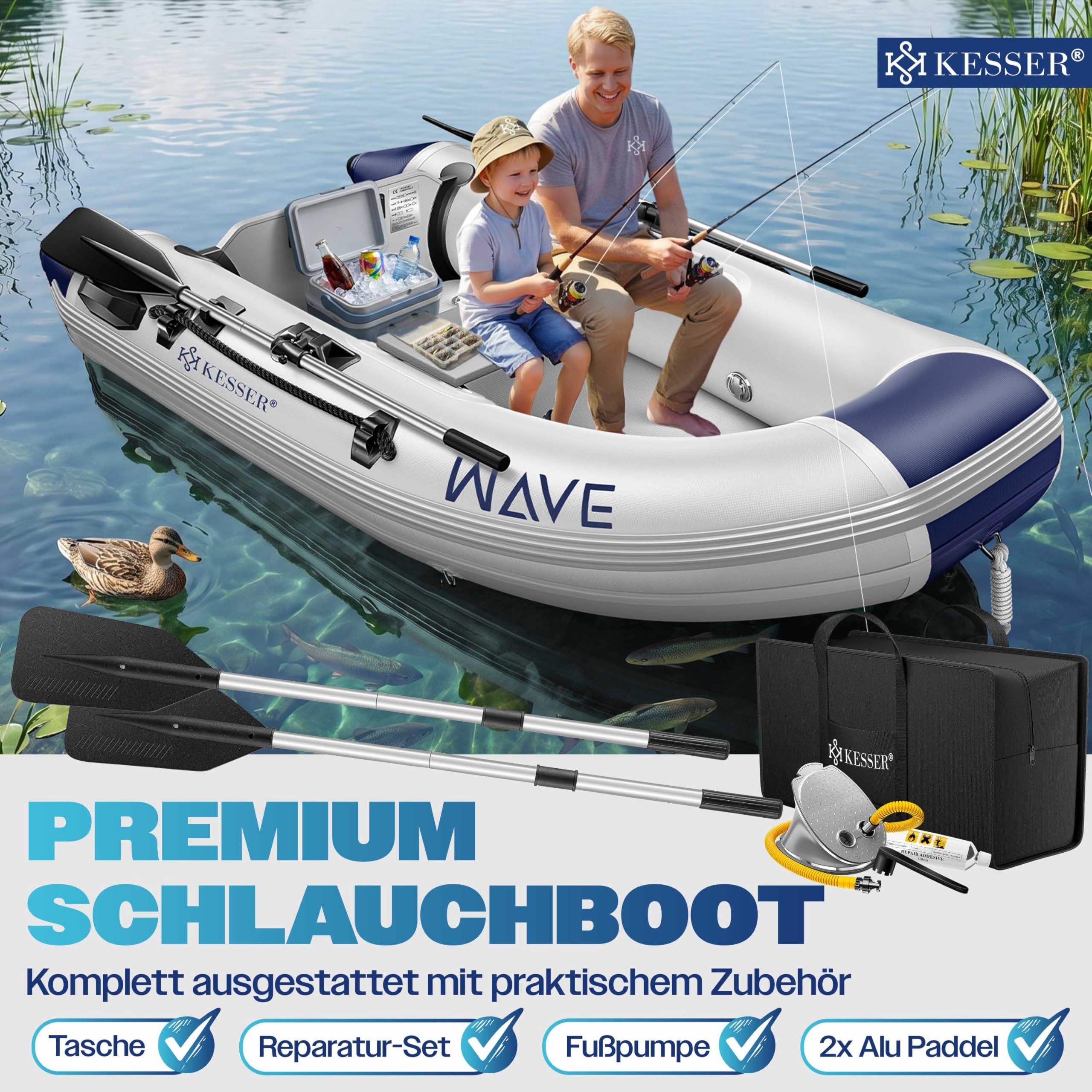 Conjunto de bote hinchable KESSER® Wave de 230-320 cm, 6 piezas inflable – Bote + banco, bomba de aire, remos, kit de reparación, bolsa, bote de pesca, bote a remo pequeño y grande - combinación con