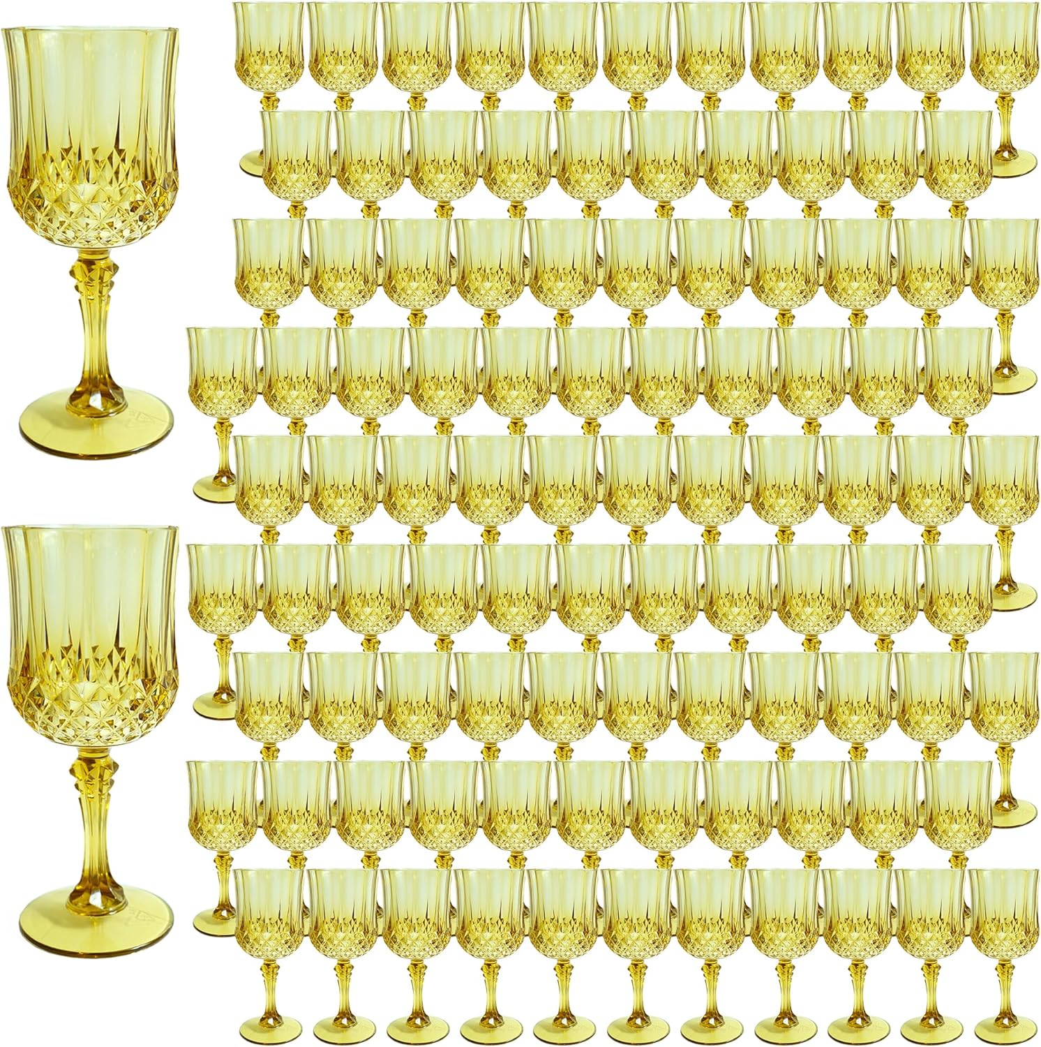 LEYIQU Plastic Wine Glasses, Plastic Goblets Vintage Style Cordial Drinking Glasses for Valentine’s Day, Wedding Reception, Grand Event Party Supplies (100, Gold)