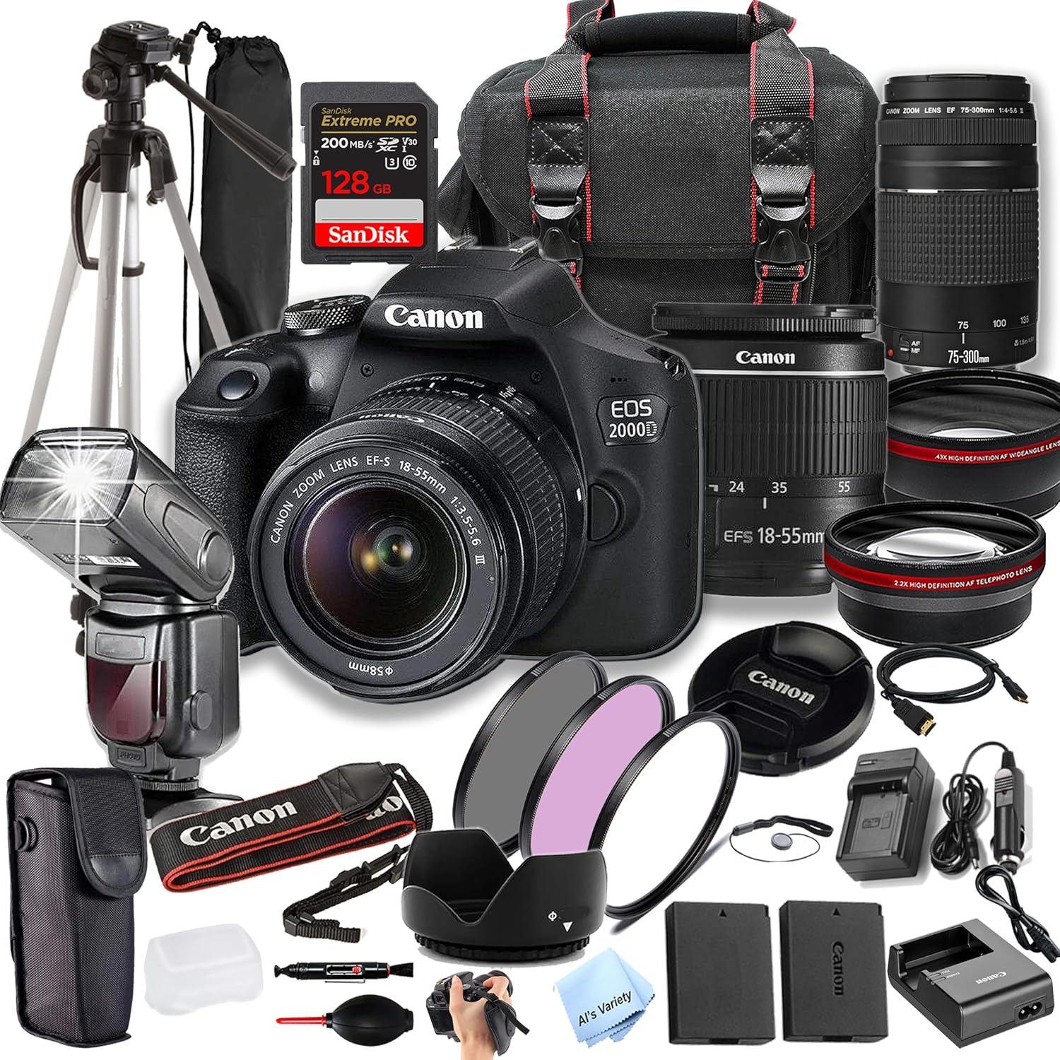 Canon EOS 2000D (Rebel T7) w/EF-S 18-55mm & 75-300mm+ 128GB Extreme Speed Card, Camera Case, Tripod,TTL Speedlite, Spare Battery, Filter Kit, and More (Extreme Pro-Bundle) (Renewed)