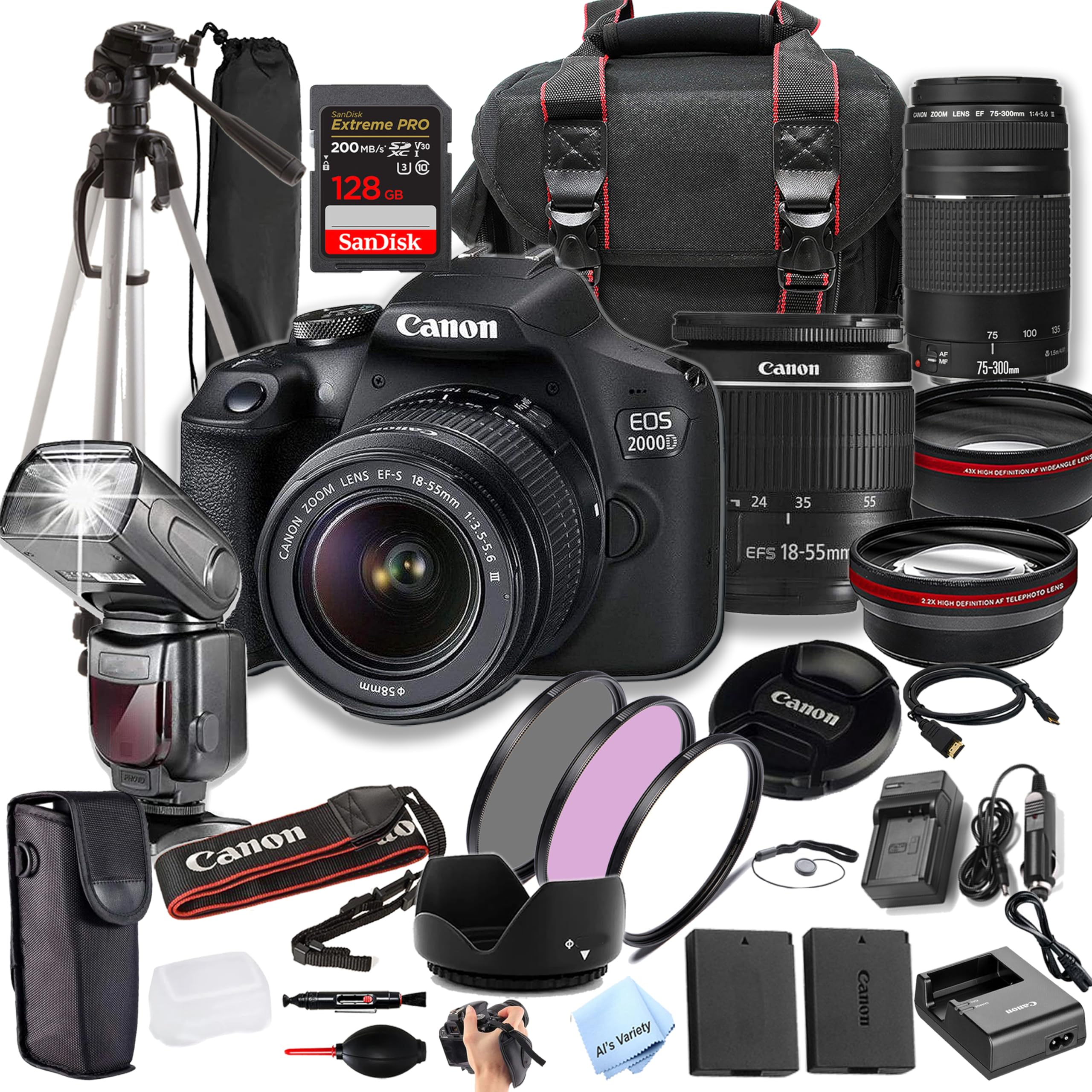 Canon EOS 2000D (Rebel T7) w/EF-S 18-55mm & 75-300mm+ 128GB Extreme Speed Card, Camera Case, Tripod,TTL Speedlite, Spare Battery, Filter Kit, and More (Extreme Pro-Bundle) (Renewed)