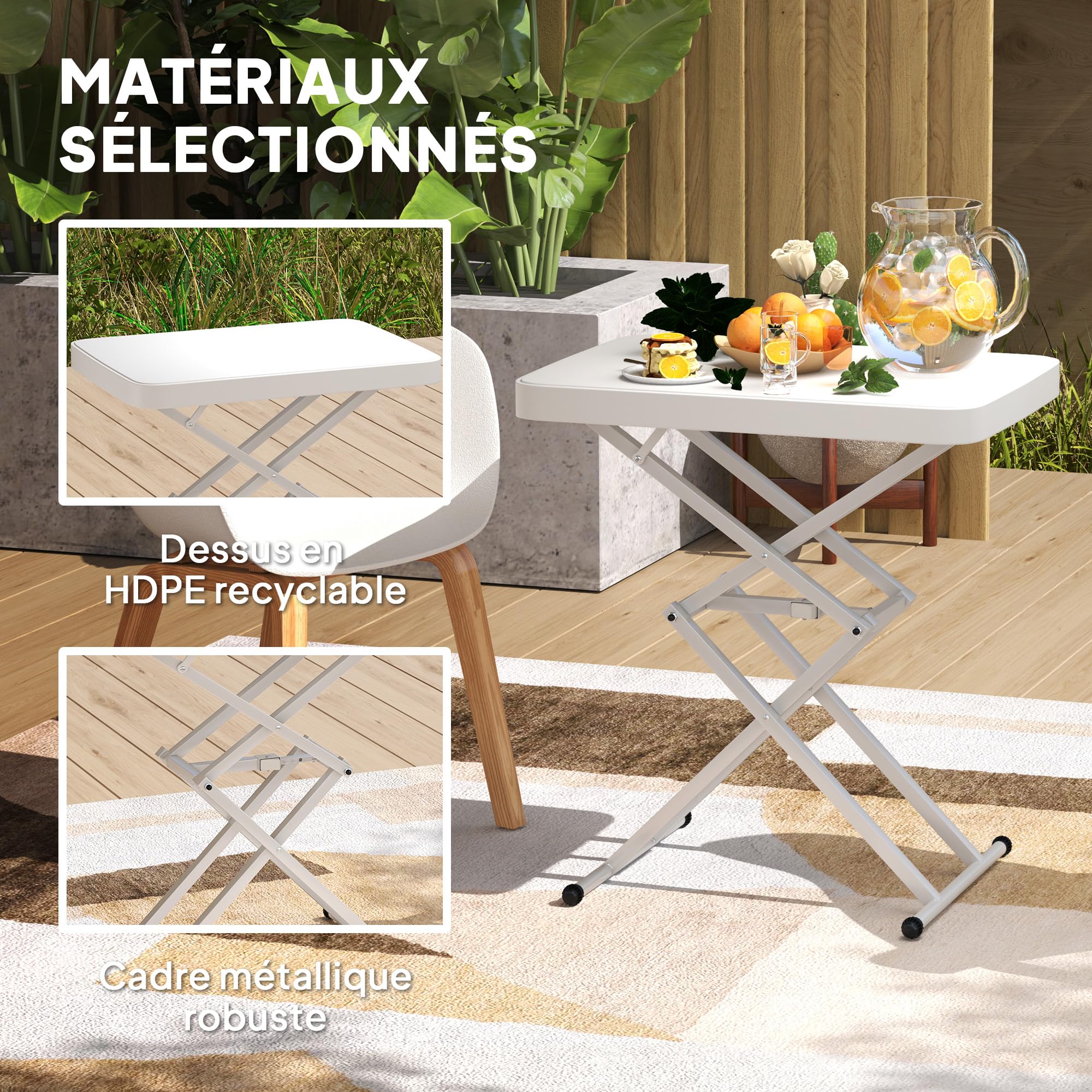 Outsunny Table d'appoint de Jardin Pliable en HDPE, Table Pliante extérieur avec Hauteur réglable sur 5 Niveaux, pour patios et Jardins, 65 x 45 x 70 cm, Blanc