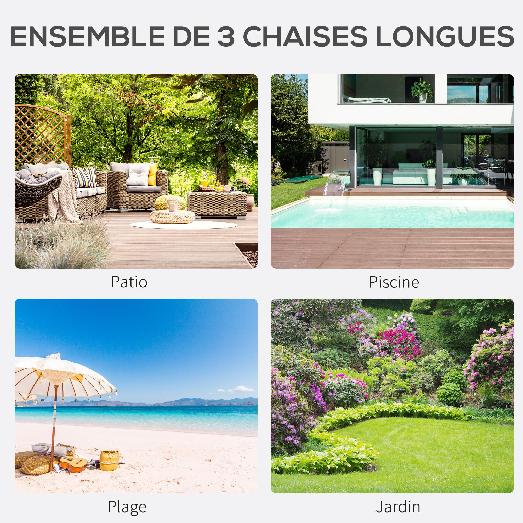 Outsunny Lot de 2 Bains de Soleil Chaise Longue Design Contemporain Table Basse Plateau Verre trempé métal époxy textilène Noir