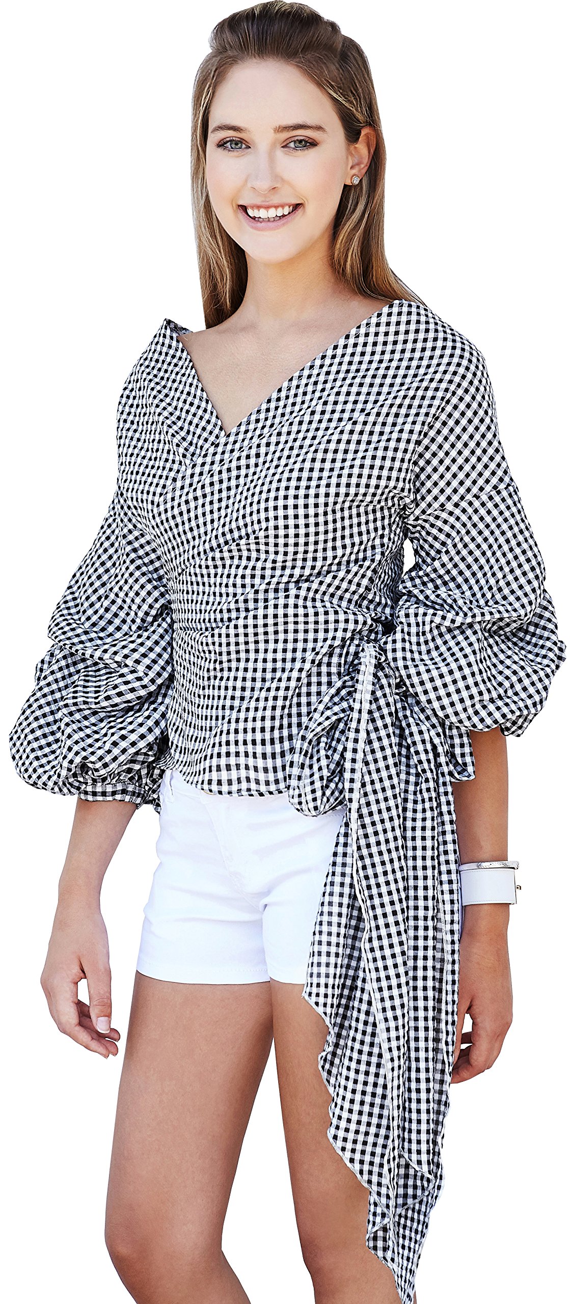 Women's Deep V Neck Lantern Sleeves Side Knot Wrap Blue and Black Plaid Blouse Shirt