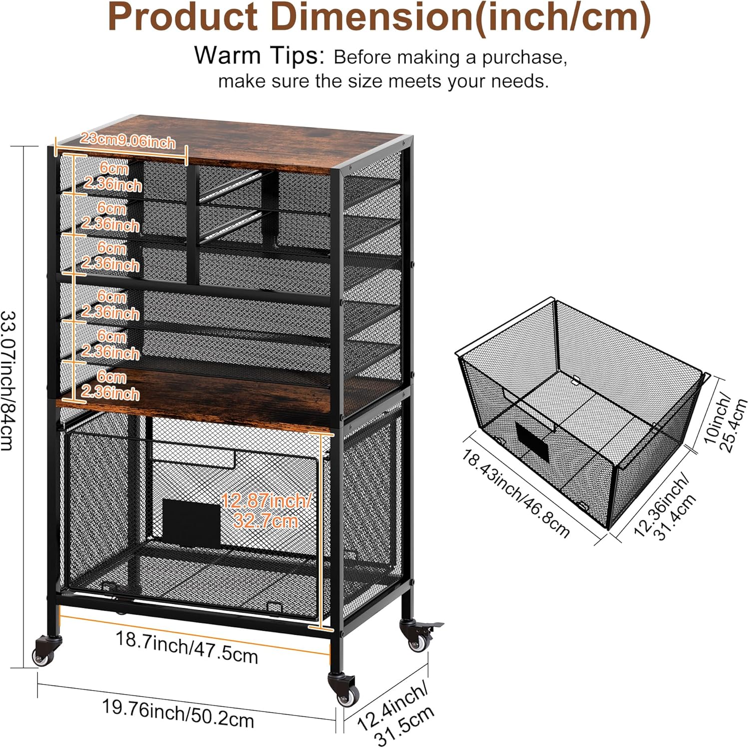 9 Slots Lateral File Cabinet with Drawer, Mobile Filling Cabinet with Open Storage Shelves, Hanging File Folder For Letter Size Folders, Metal Bookshelf Organizer Cart for Office Home, Black