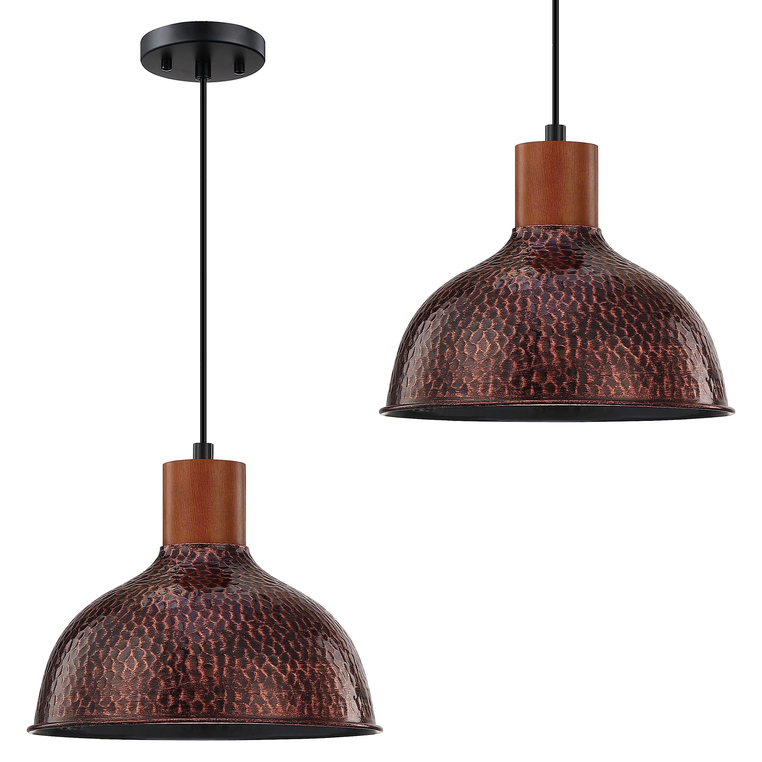 2 Pack 1 Light 10” Vintage Pendant Light Fixtures,Industrial Hammer Metal Hanging Light Rubber Wood Oil Rubbed Bronze Finish Pendant Lamp Kitchen Island,Farmhouse Dining Room Over Sink