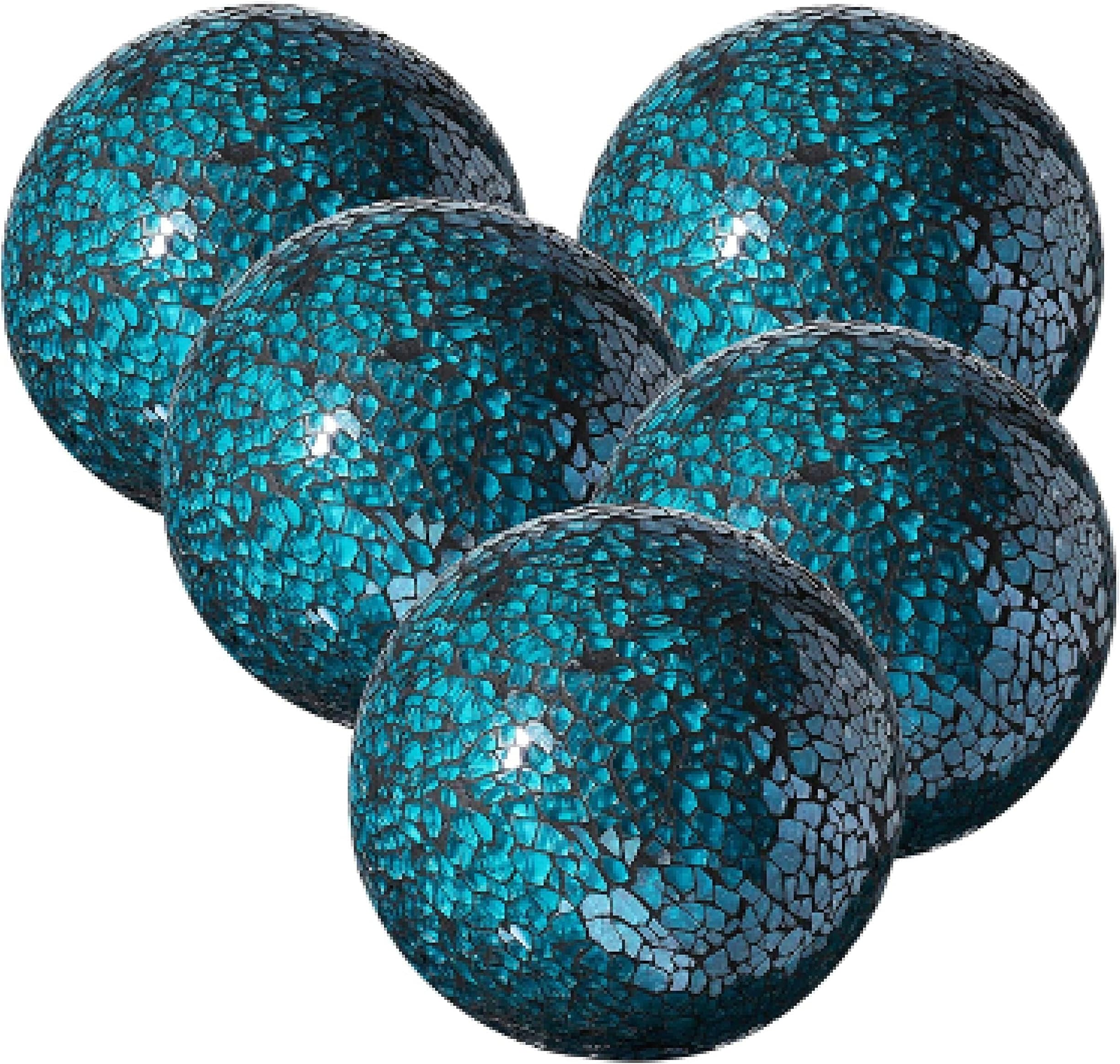 WHOLE HOUSEWARES | Decorative Balls for Bowls | Set of 5 | Glass Mosaic Sphere | Diameter 3" | Modern Decorative Orbs | Coffee Table Decorations | Dining Table Centerpiece Accessories, Turquoise