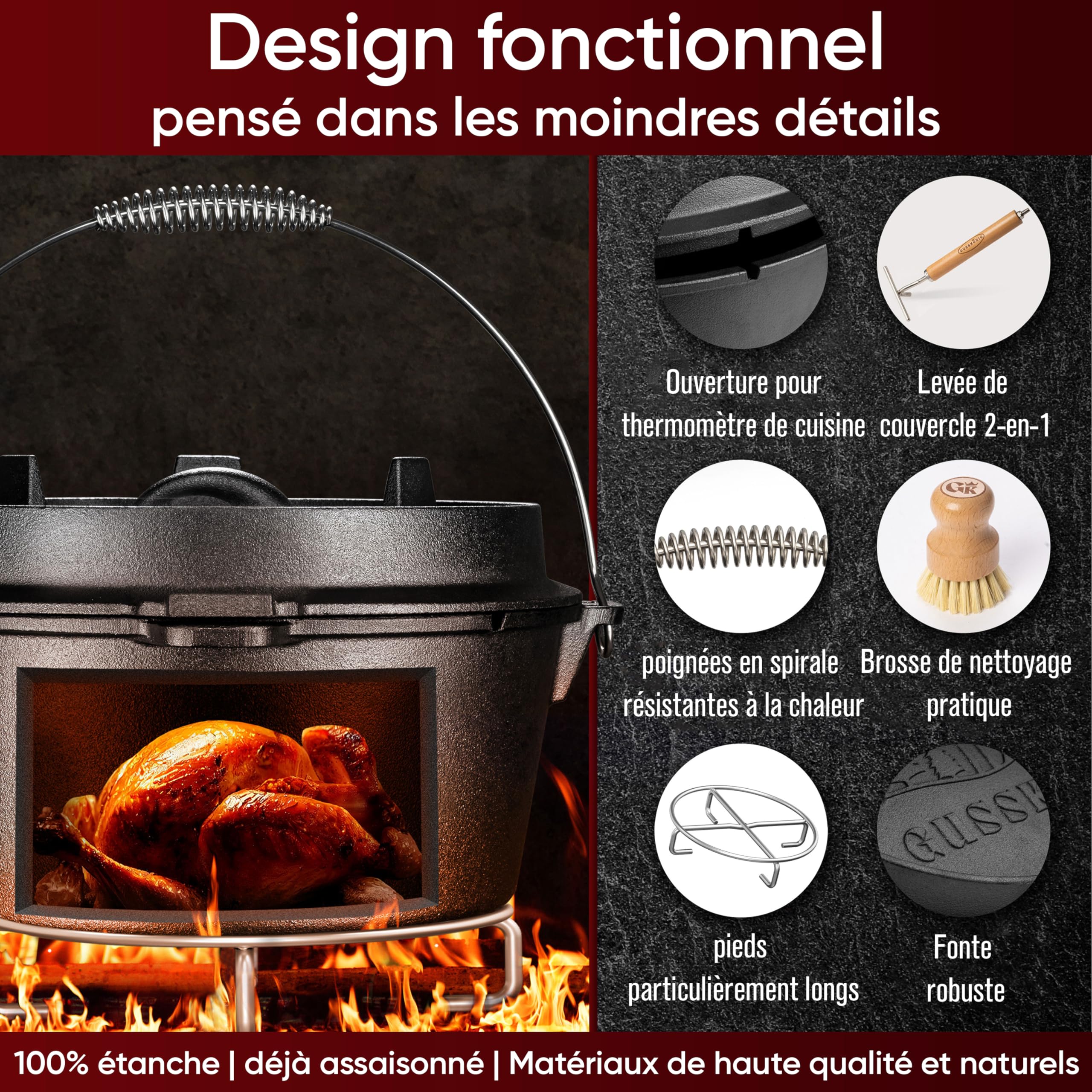 GUSSKÖNIG de four hollandais Ensemble- Dutch Oven de 12 Litres déjà culotté - Feuertopf en fonte sans pieds - Cocotte multifonction -avec lève-couvercle 2 en 1, brosse et livre de recettes Dutch Oven
