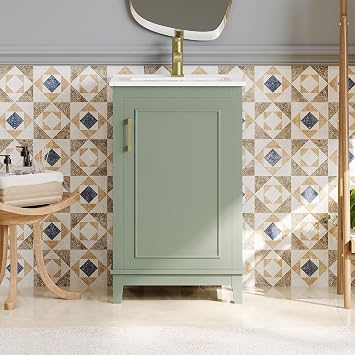 20-inch Bathroom Vanity with Sink Combo Set, Free Standing Vanity Cabinet with Soft-Close Door & Double Shelves, Solid Wood Bath Vanity Set with Ceramic Sink for Bathroom Green
