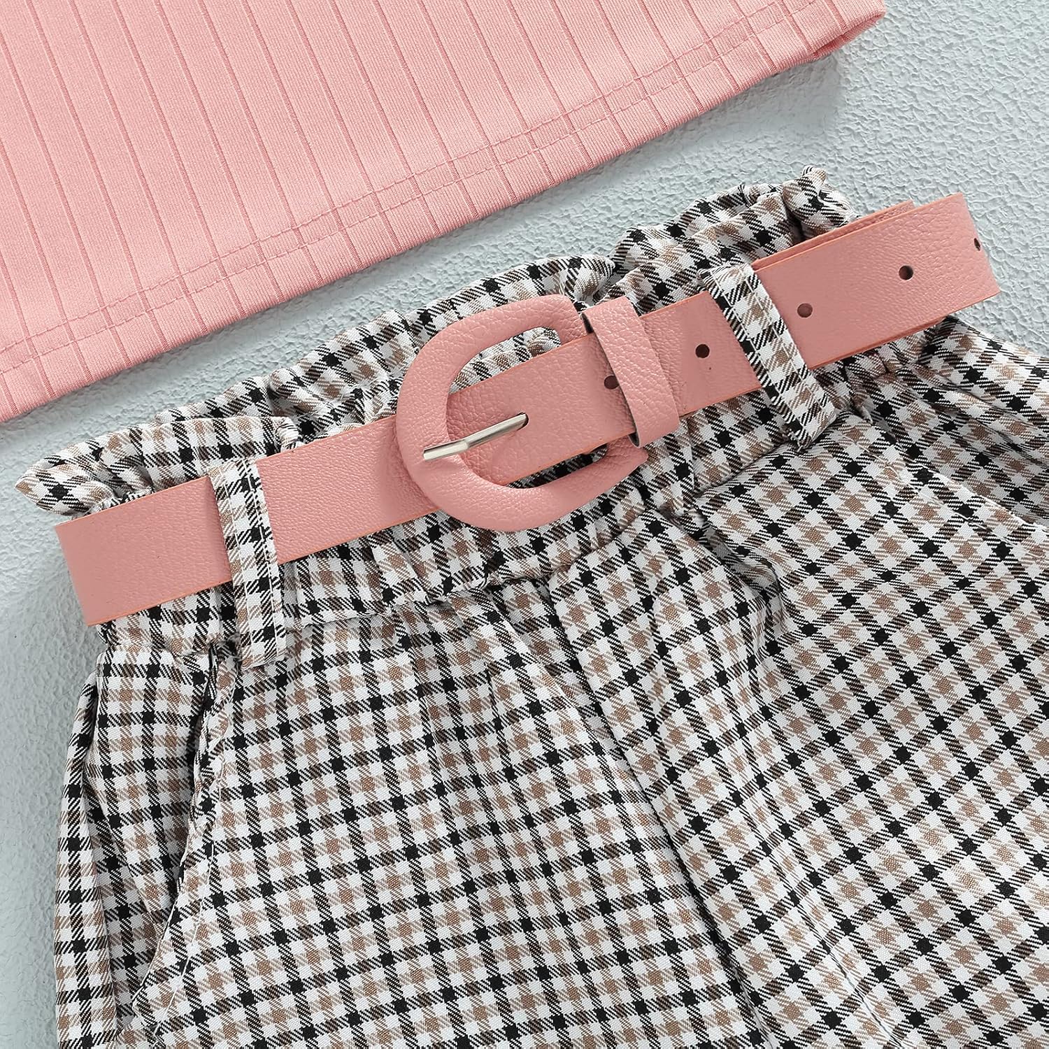 Little Girls Clothes Set Ribbed Cotton Shirt Tops Plaid Long Pants 2pcs Kids Toddlers Outfits with Belt