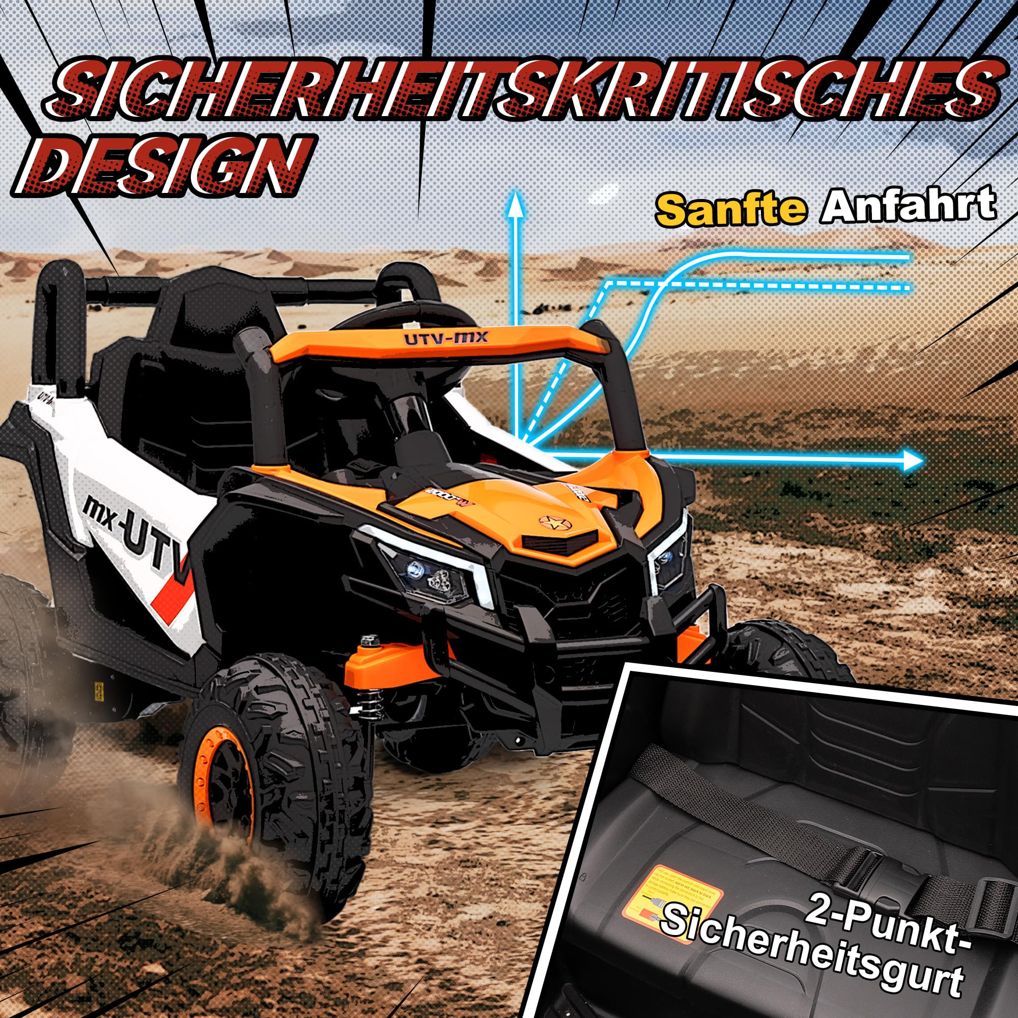 AIYAPLAY Kinder Elektroauto 12V mit 2,4 GHz Fernbedienung 2 Motor Orange | Kinderauto UTV, Kinderfahrzeug, Softstart, Federungssystem, LED-Leuchten, Musik, USB-Anschluss, Hupe, Für 3-5 Jahre