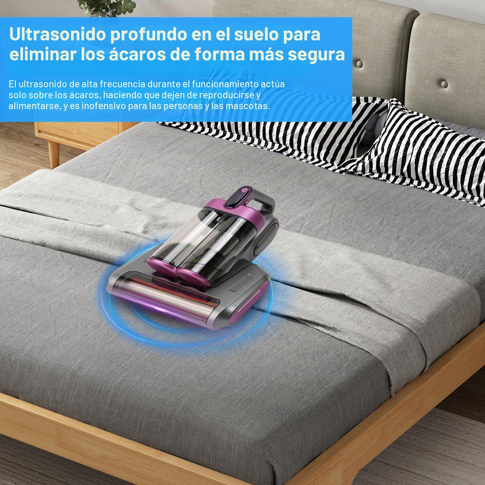 13KPa Aspirador de Mano sin Cables con luz UV-C y Ultrasonidos | 2 modos de succión, antiácaros, depósito 520ml, filtro HEPA para colchones, sofás y pelos de mascotas