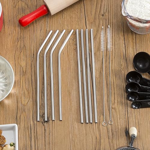 Miniatura 2 de Home Basics 10 popotes reutilizables de acero inoxidable con 2 cepillos de limpieza, color plateado