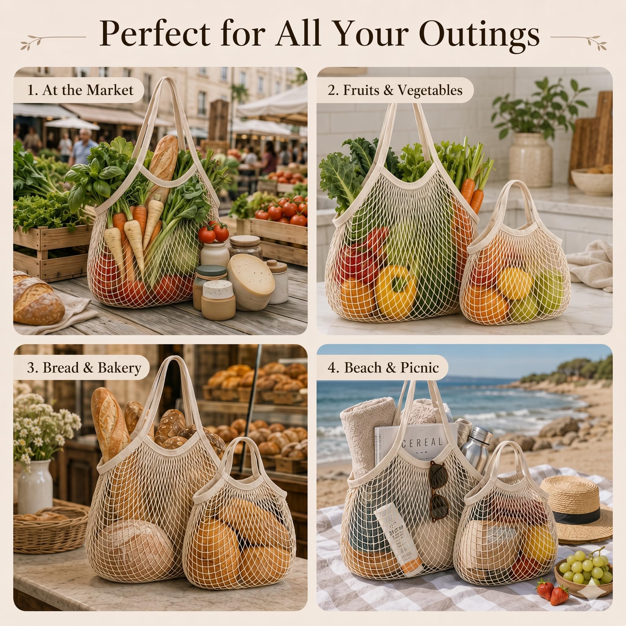 Sacs Filet Réutilisables Lot de 2, Grand Sac Anses Longues et Petit Sac Anses Courtes, Pliable pour Fruits Légumes Pain Plage