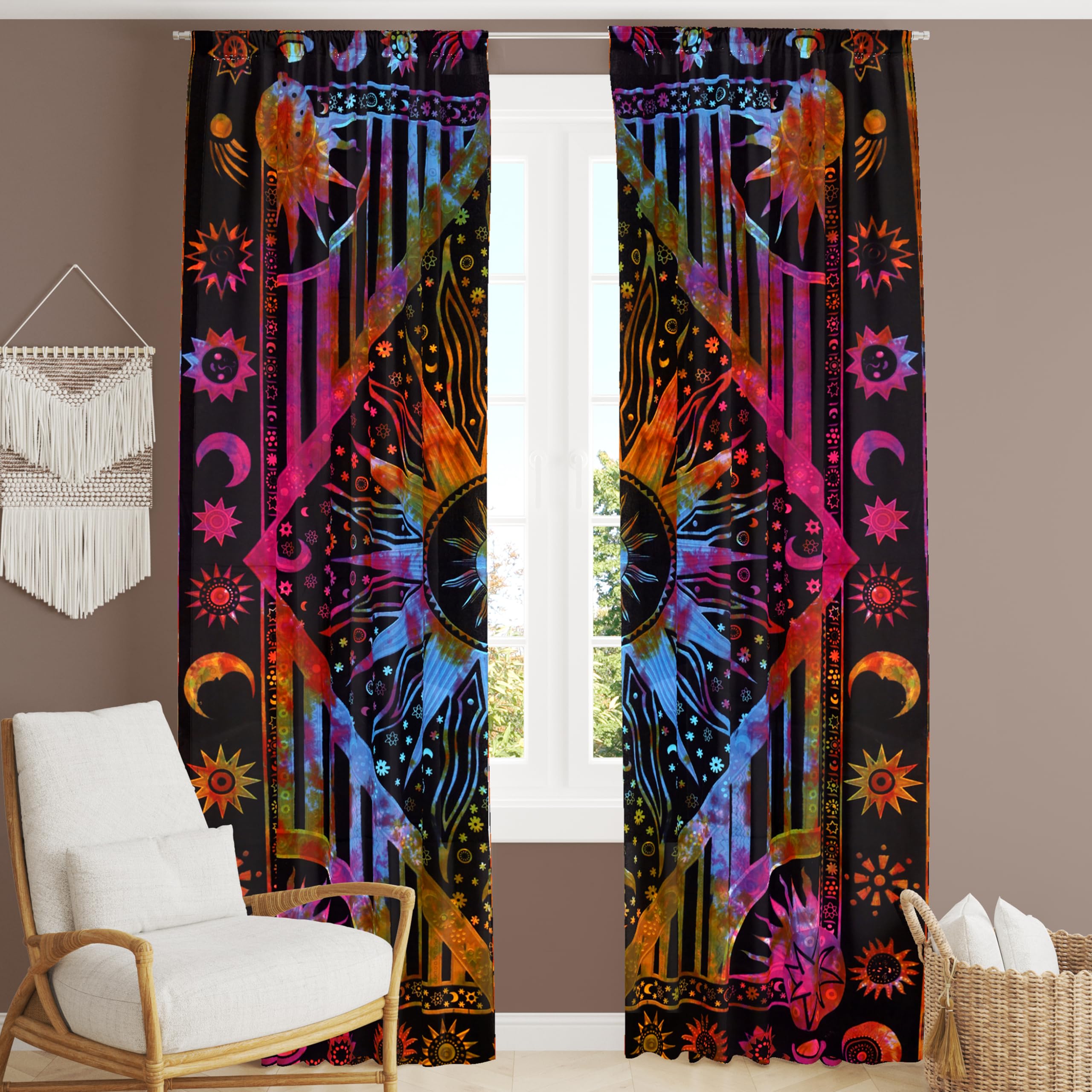 Bless International Beautiful Indian Bohemian Psychedelic Hippie Burning Sun Window Curtain Panels for Bedroom, Living, Balcony (Purple Tie Dye (38x83