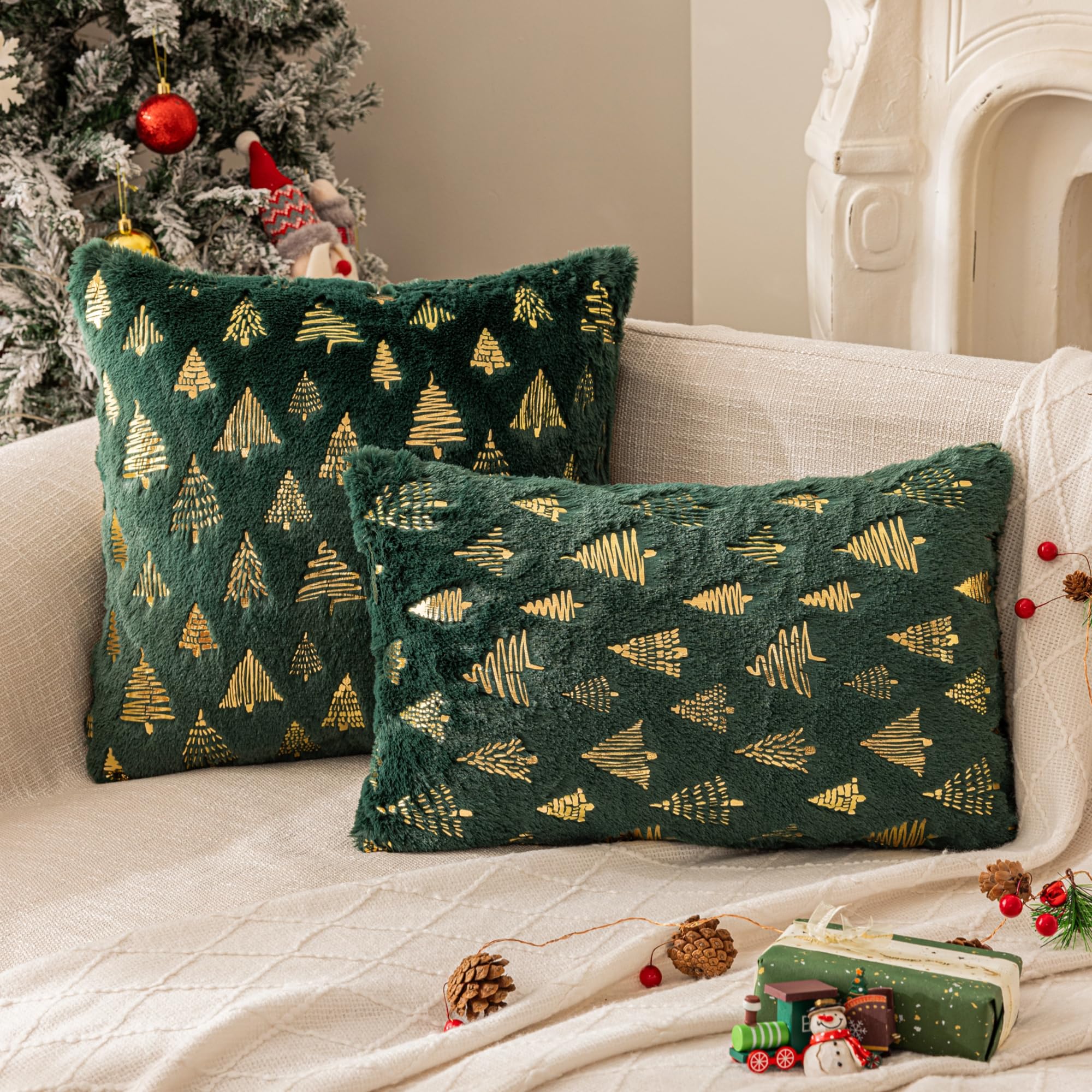 Condition photo showing New/Like New for AQOTHES Christmas Tree Green Throw Pillow Covers 12x20inch, Set of 2 Winter Holiday Decorative Faux Fur Fuzzy Pillows Covers with Glitter Printed for Christmas Decor Sofa Couch Home