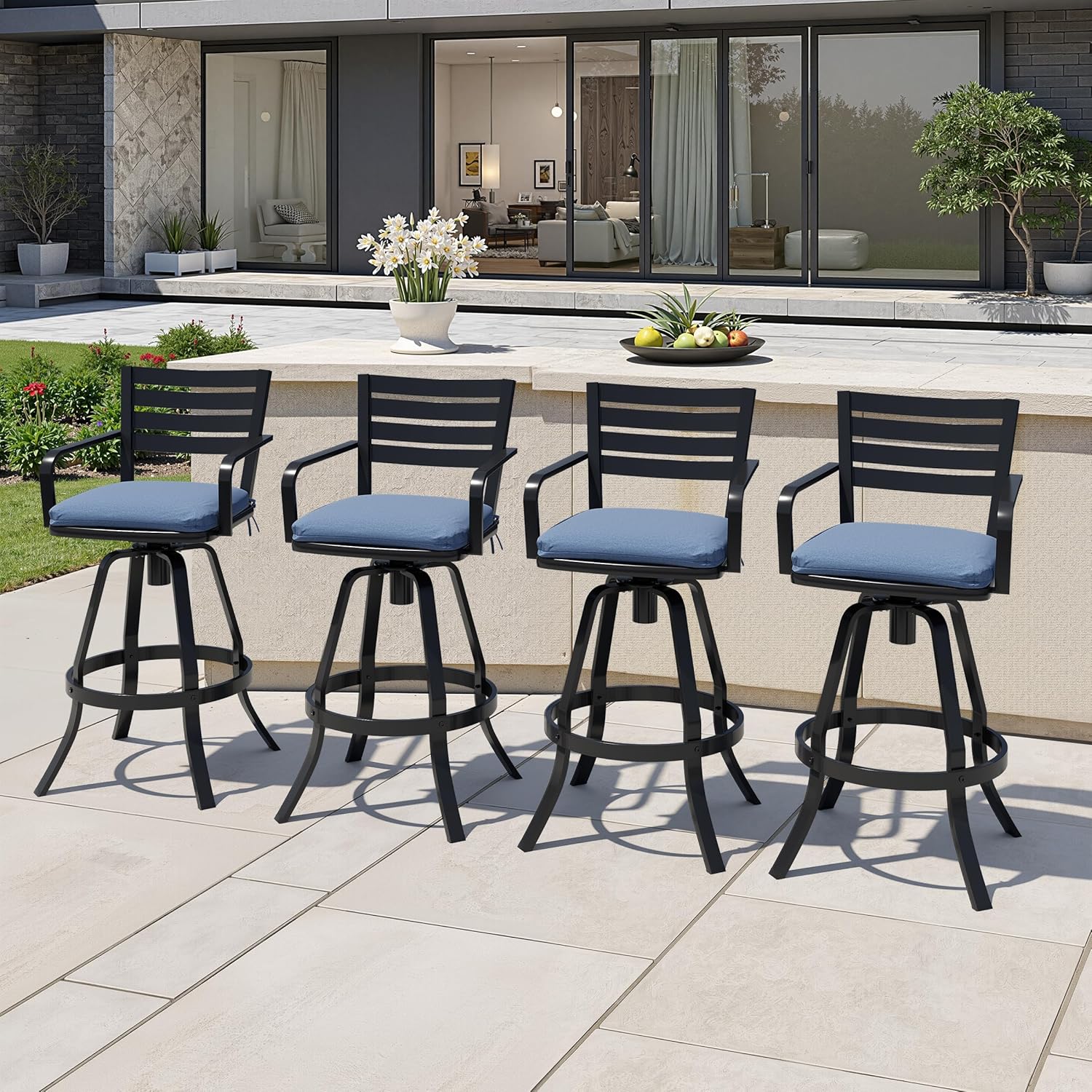 Crestlive Products Heavy Duty Cast Aluminum Outdoor Swivel Bar Stools with Sunbrella Cushion, Patio Bar Height Chair Set of 4, All Weather Black Finish for Outside, Commercial Grade(Spectrum Denim)