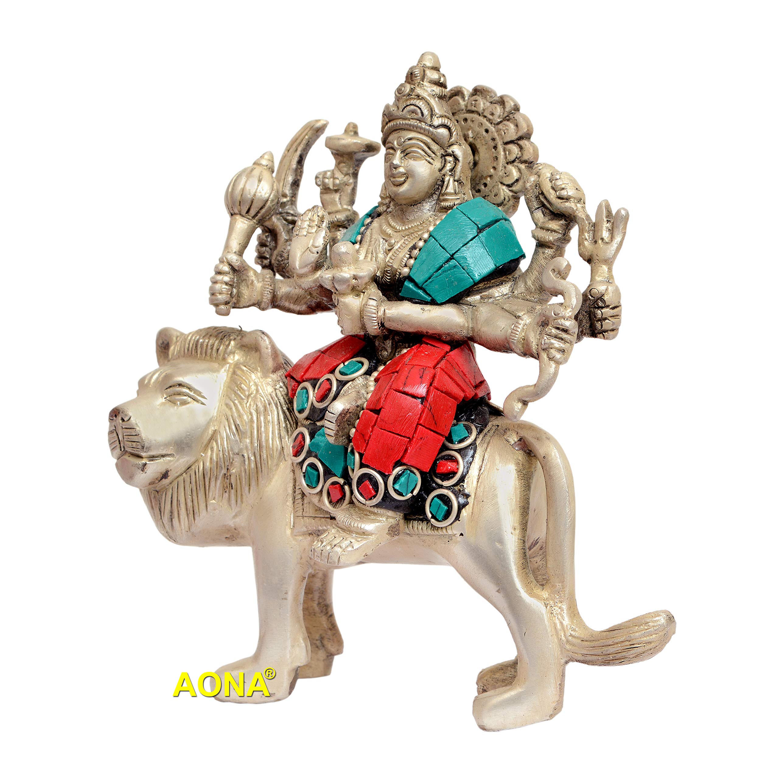 AONA Brass Mother Goddess Durga Figurine in Silver and Golden Hues Height 5 Inches - Image 2 thumbnail