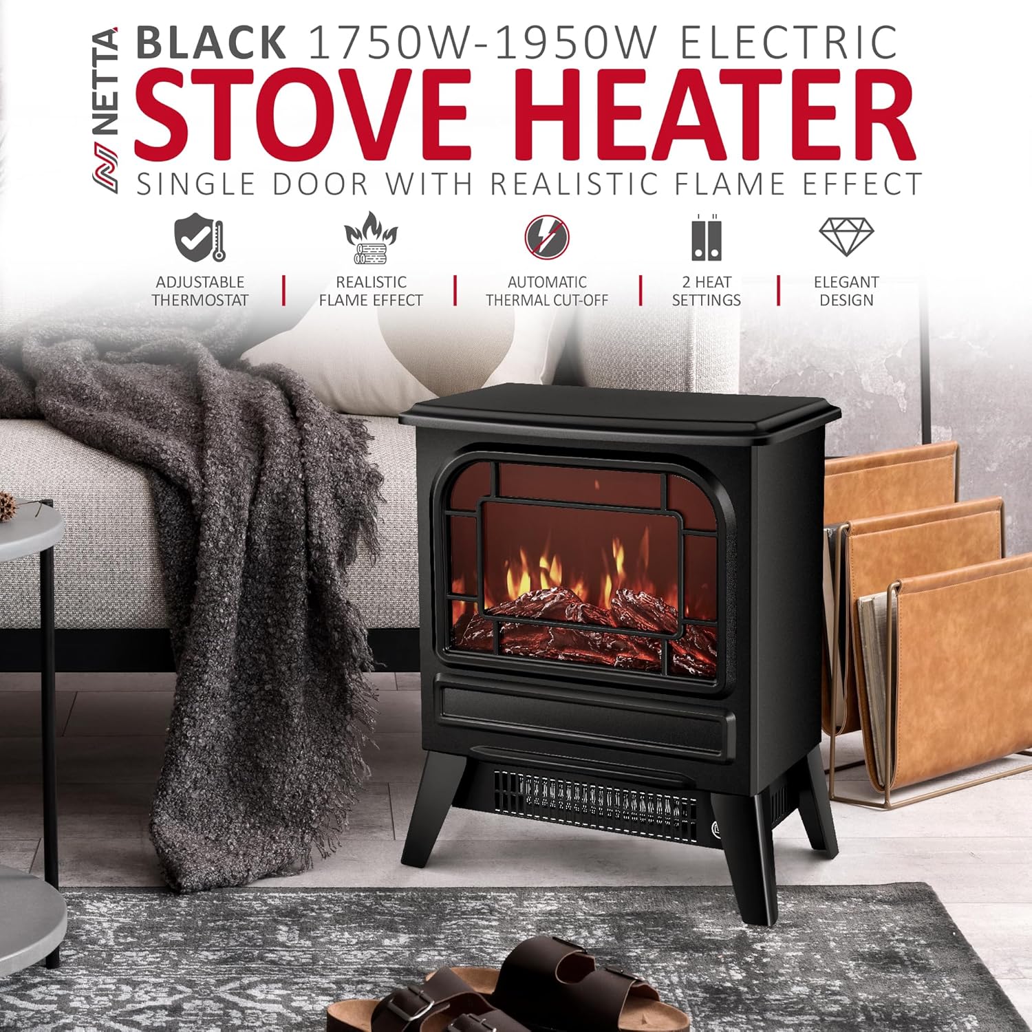 NETTA Electric Stove Heater highlighting key features: Adjustable Thermostat, Realistic Flame Effect, Automatic Thermal Cut-off, 2 Heat Settings, Elegant Design