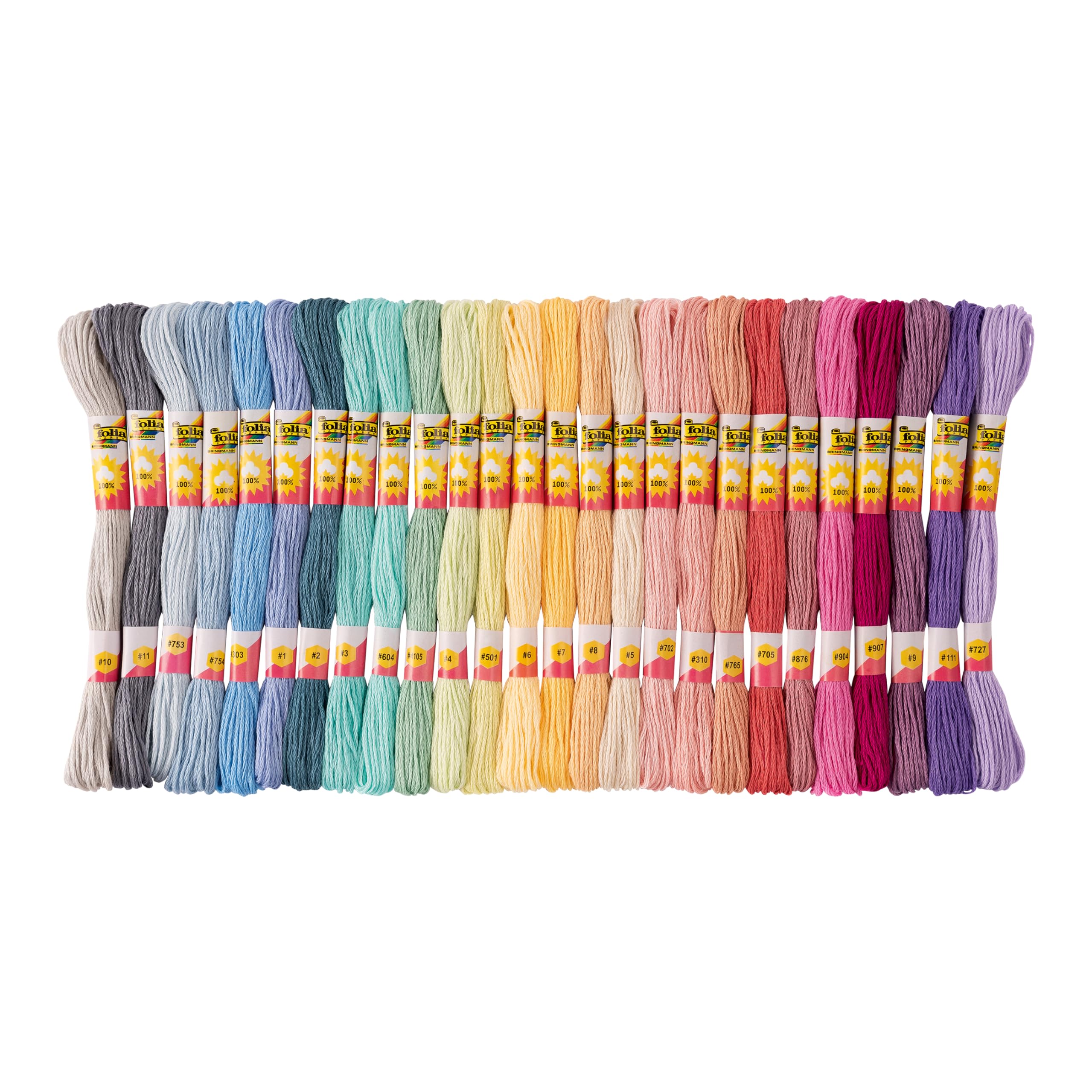 folia 23993 Pastel Embroidery Thread, 100% Cotton, 52 Docks of 8 m in 26 Assorted Colours, for Embroidery, Knotting and Crafts