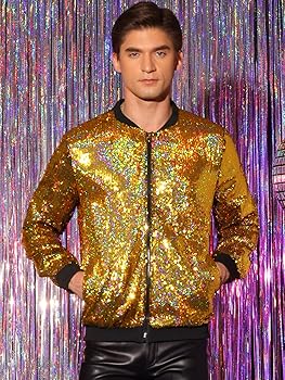 ジャケット Golden BOYFIREND JACKET PIED PUL SEQUIN Lars Amadeus Golden Sequin Jacket for Men's Zip Up Long