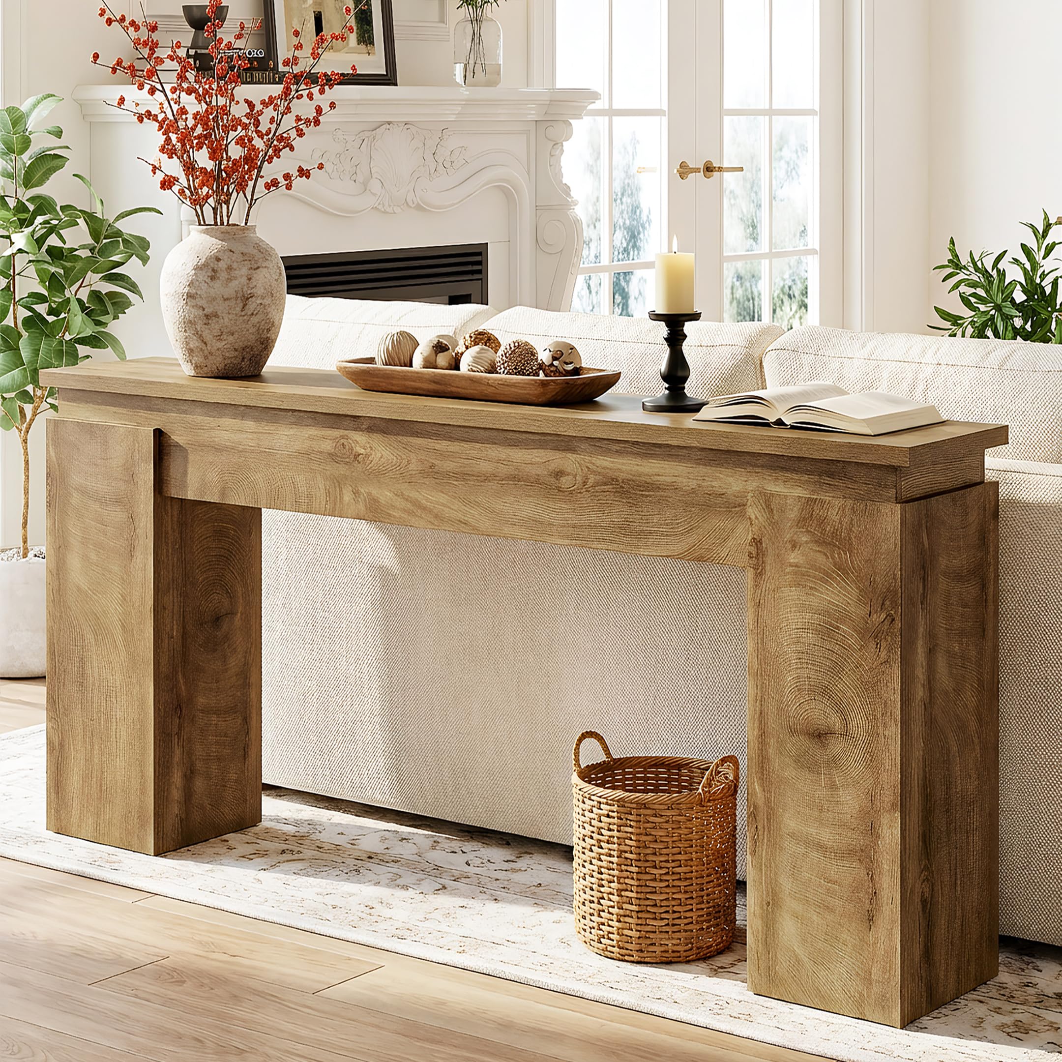Tribesigns 63-Inch Console Table, Farmhouse Sofa Table Behind The Couch, Rustic Entryway Table with Open Storage for Living Room, Hallway, Entrance, Natural Oak