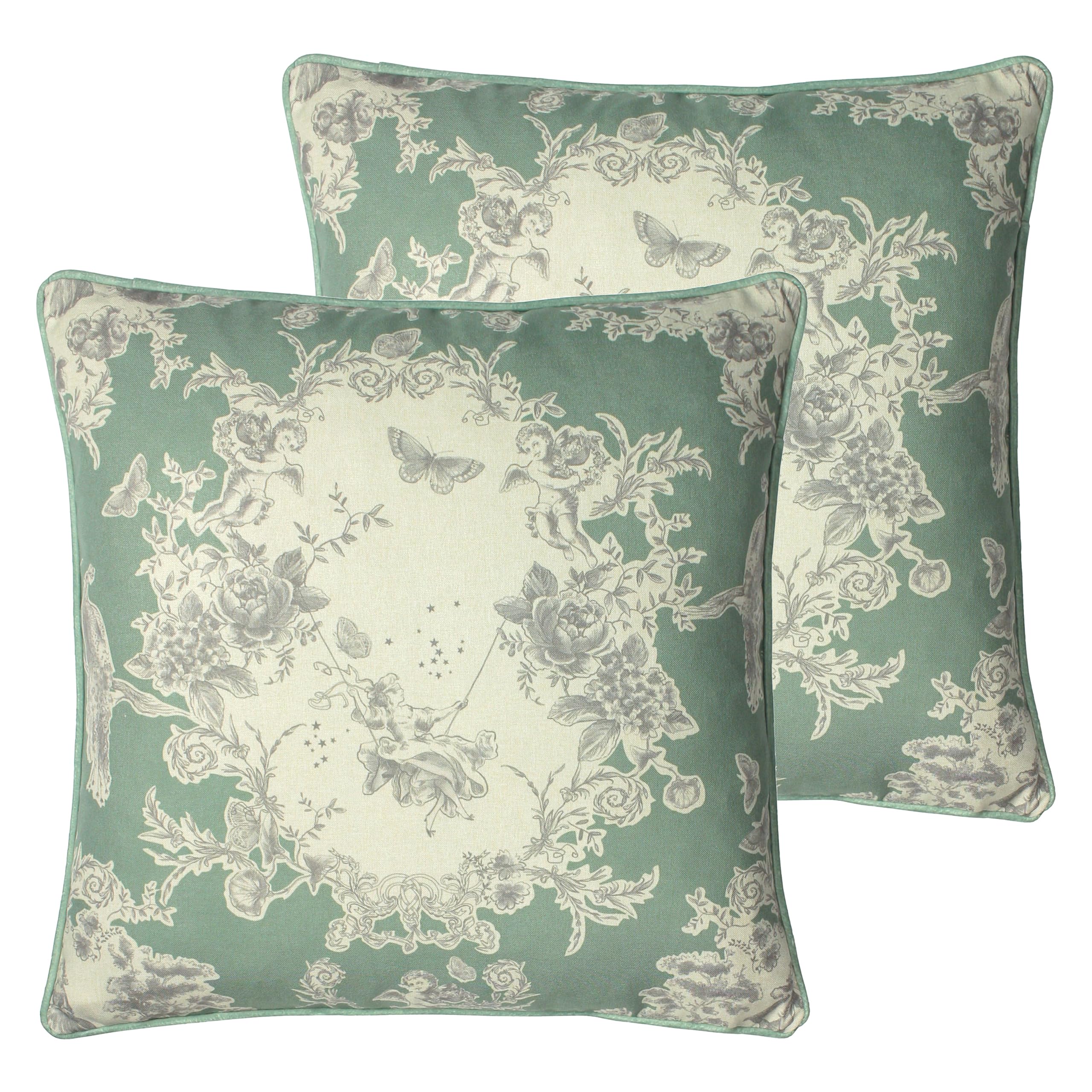 Paoletti Burford Floral Polyester Filled Cushion - Twin Pack,Sage,50 x 50cm